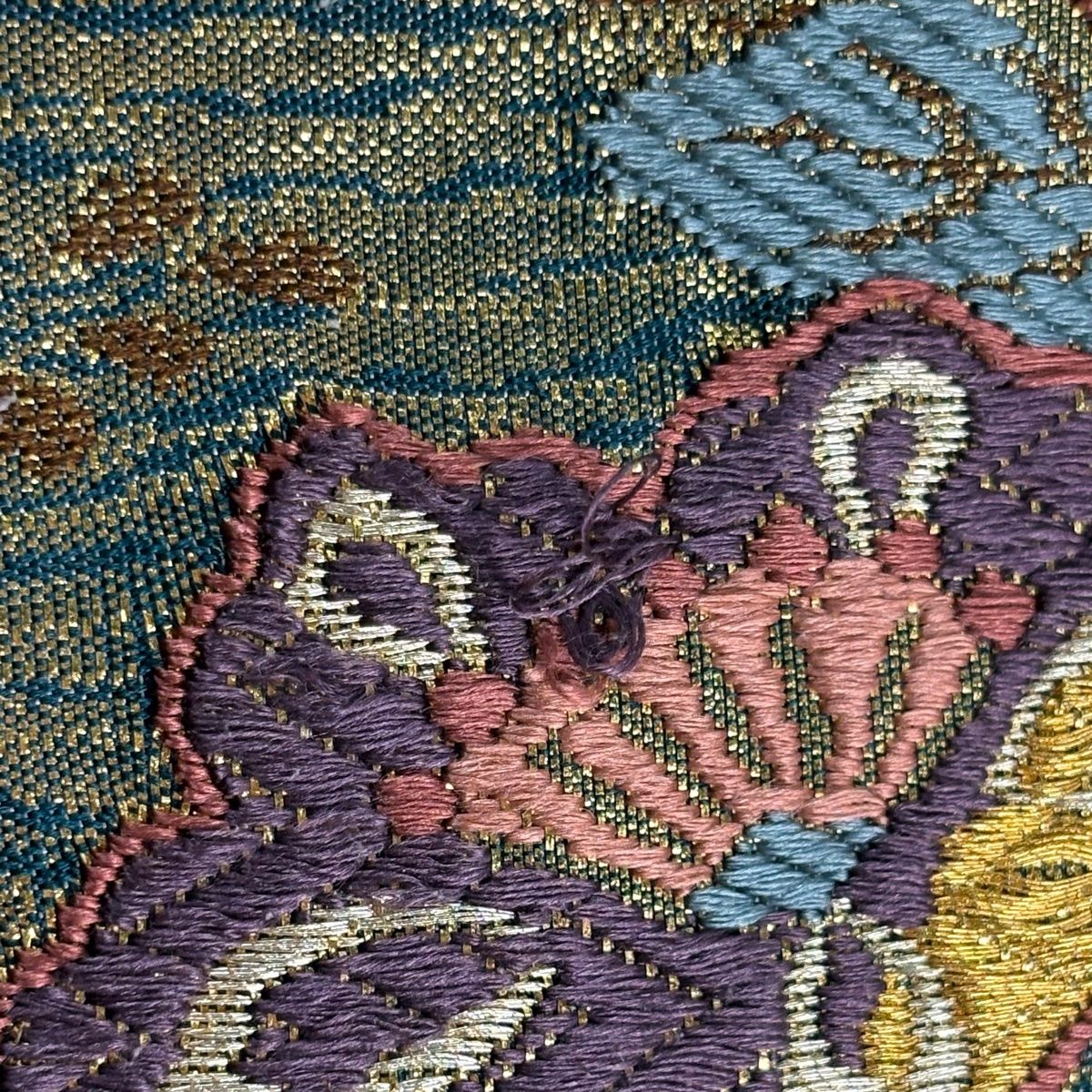 袋帯 美品 秀品 華文 花喰鳥 金銀糸 箔 灰緑 六通 正絹 六通柄袋帯 唐織 正倉院花文 金銀糸 正絹 529