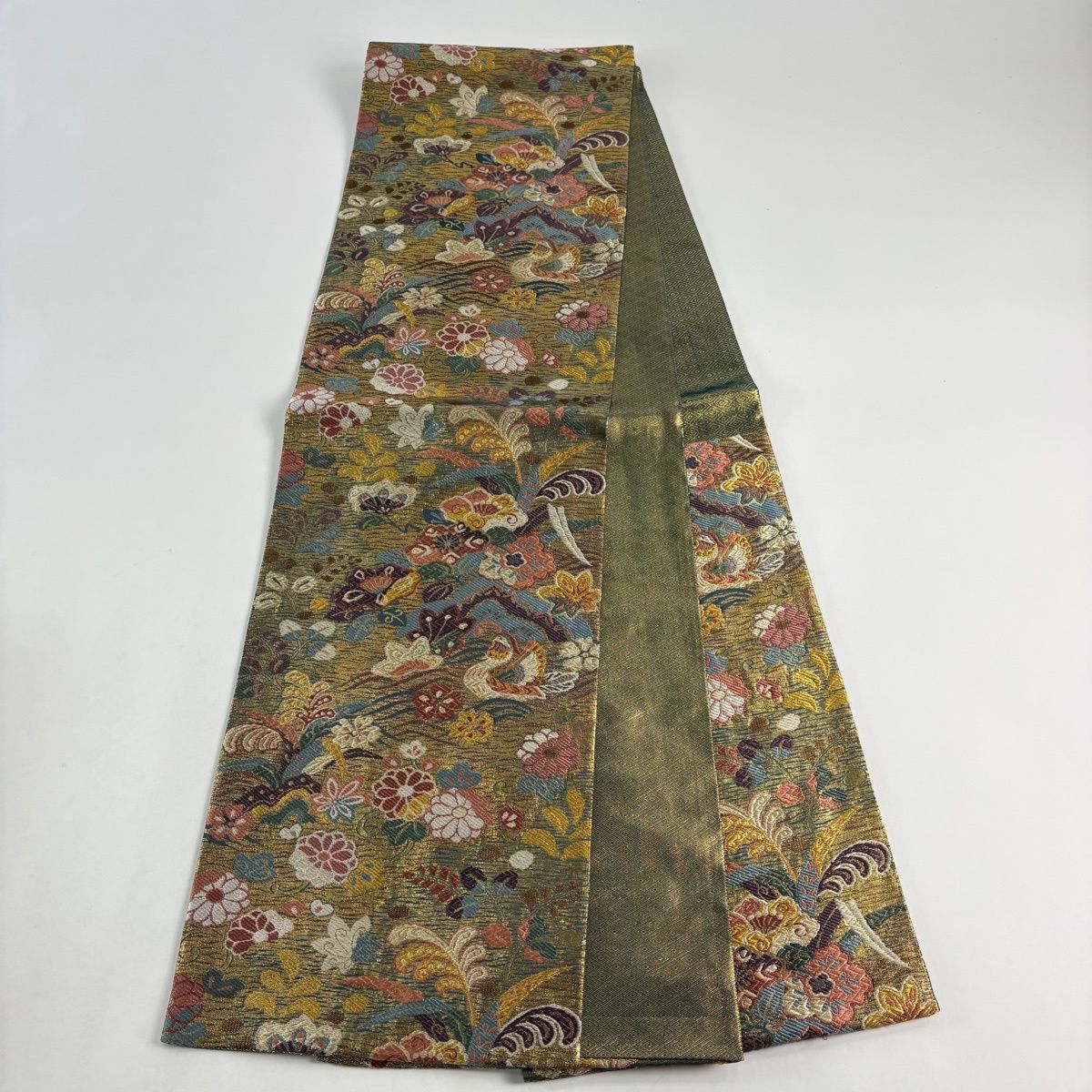 袋帯 美品 秀品 草花 鳥 箔 深緑 六通 正絹 【中古】