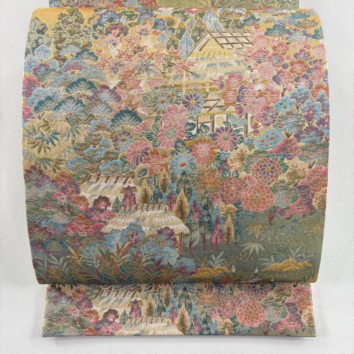 美品】 袋帯 秀品 草苑加賀 松竹梅 家屋 箔 金糸 金色 全通 正絹