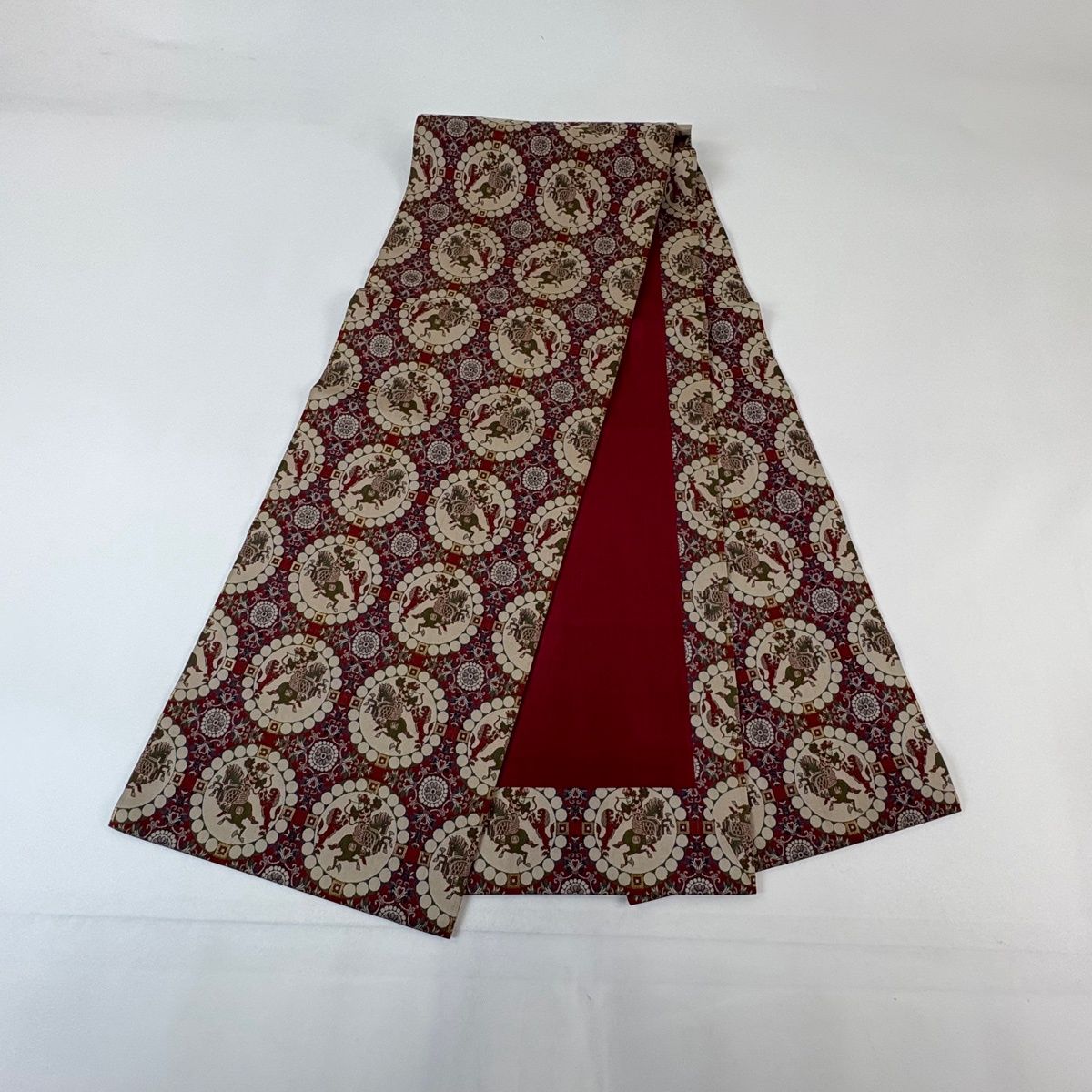 美品】 開き名古屋帯 名品 龍村美術織物 狩猟文 華文 えんじ色 正絹