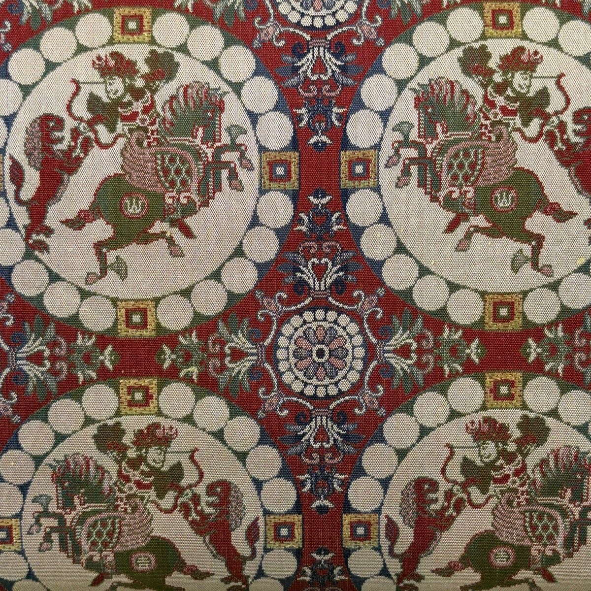 美品】 開き名古屋帯 名品 龍村美術織物 狩猟文 華文 えんじ色 正絹