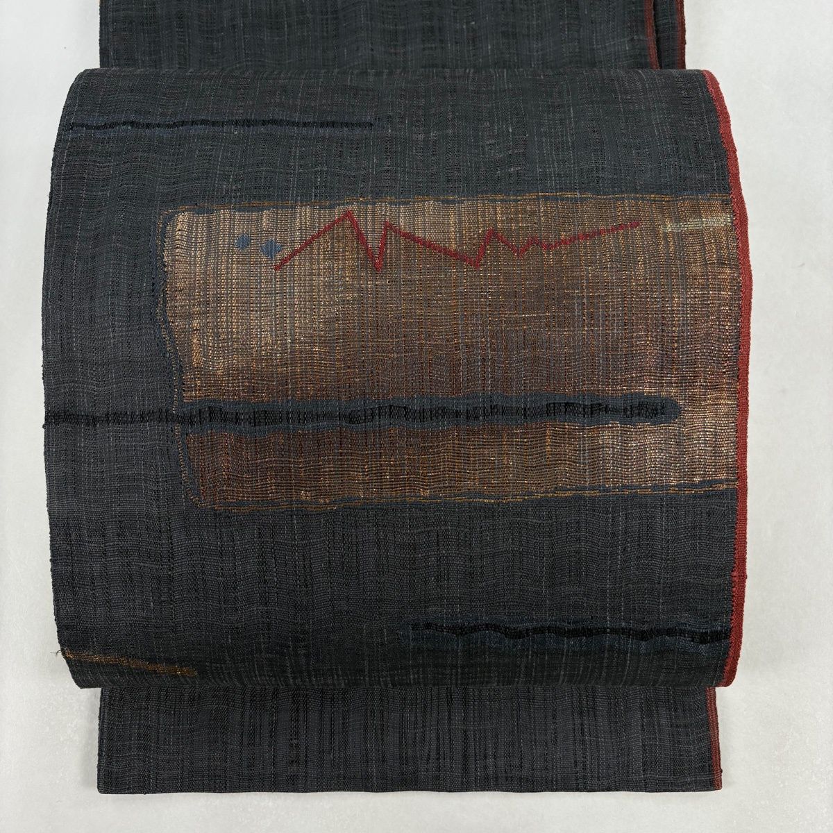 袋帯 名品 渡文 落款 夏帯 幾何学模様 縞 箔 黒灰 お太鼓柄 正絹