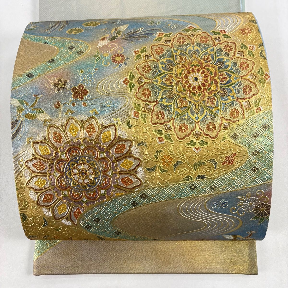 美品】 袋帯 名品 華文 花鳥 金銀彩 ぼかし 金色 お太鼓柄 正絹 【中古
