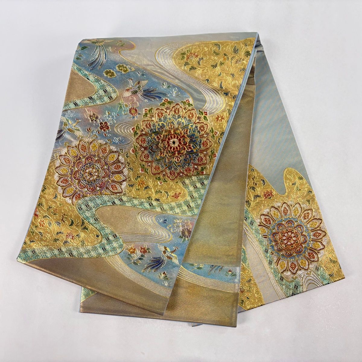 美品】 袋帯 名品 華文 花鳥 金銀彩 ぼかし 金色 お太鼓柄 正絹 【中古