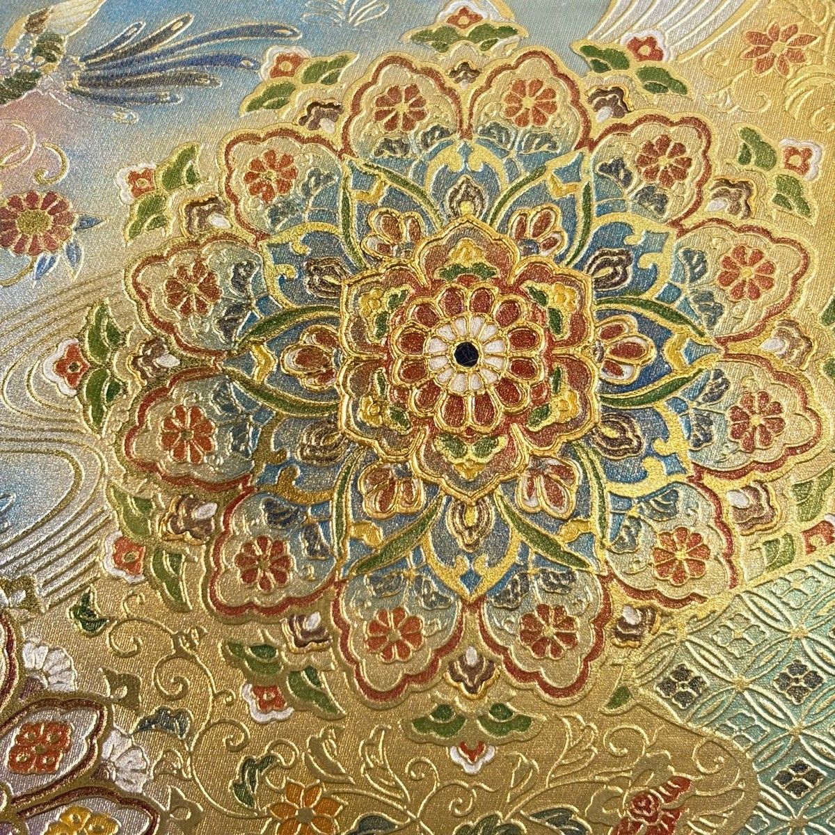 美品】 袋帯 名品 華文 花鳥 金銀彩 ぼかし 金色 お太鼓柄 正絹 【中古