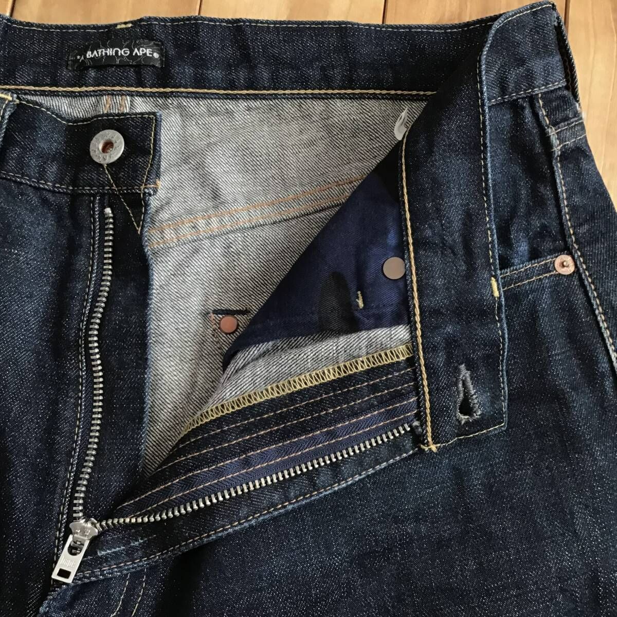 APE デニムハーフパンツ ☆青山限定☆ BAPE NYC LOGO デニム ハーフパンツ Lサイズ a bathing