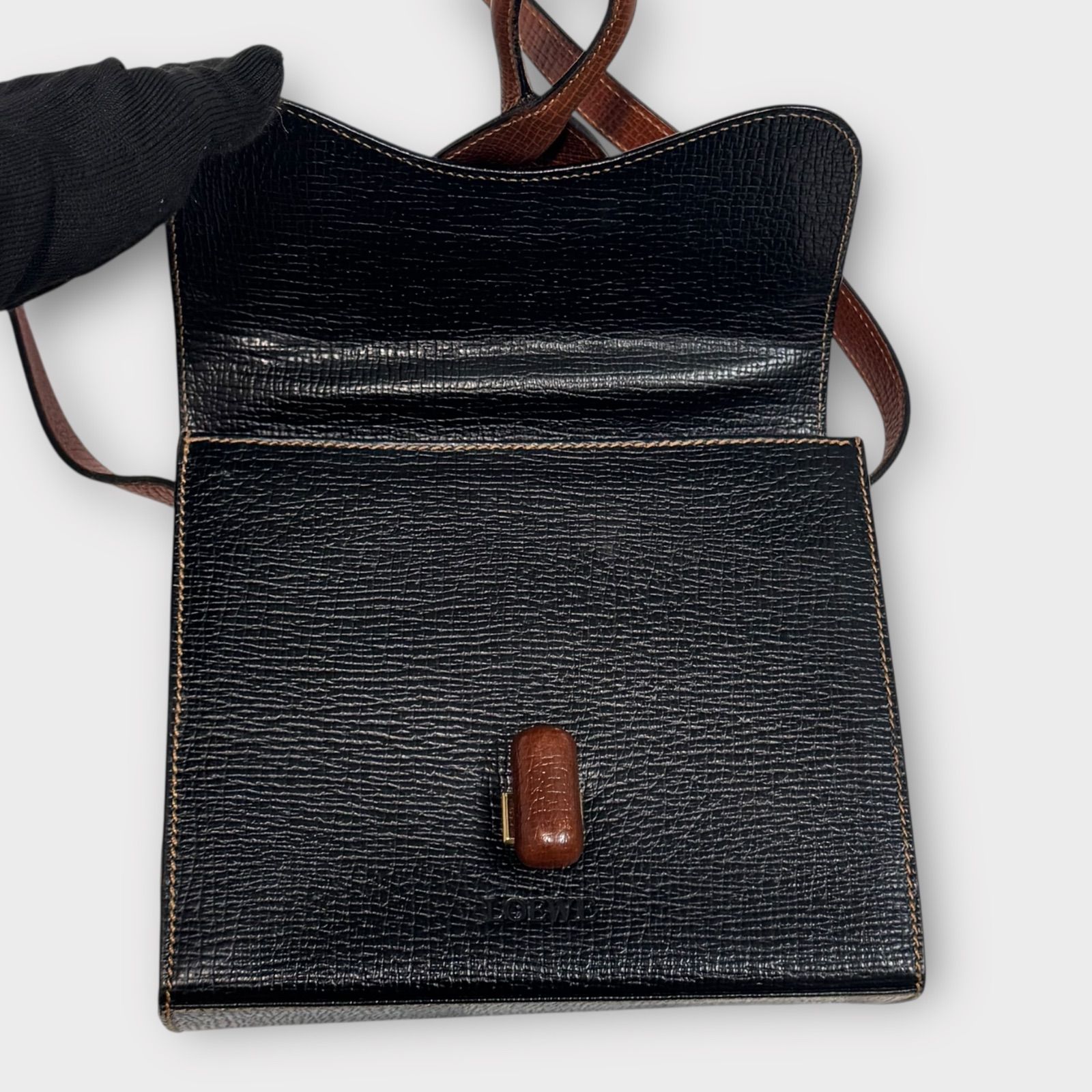LOEWE Vintage Leather Shoulder Bag Black × Brown Made in Italy 超