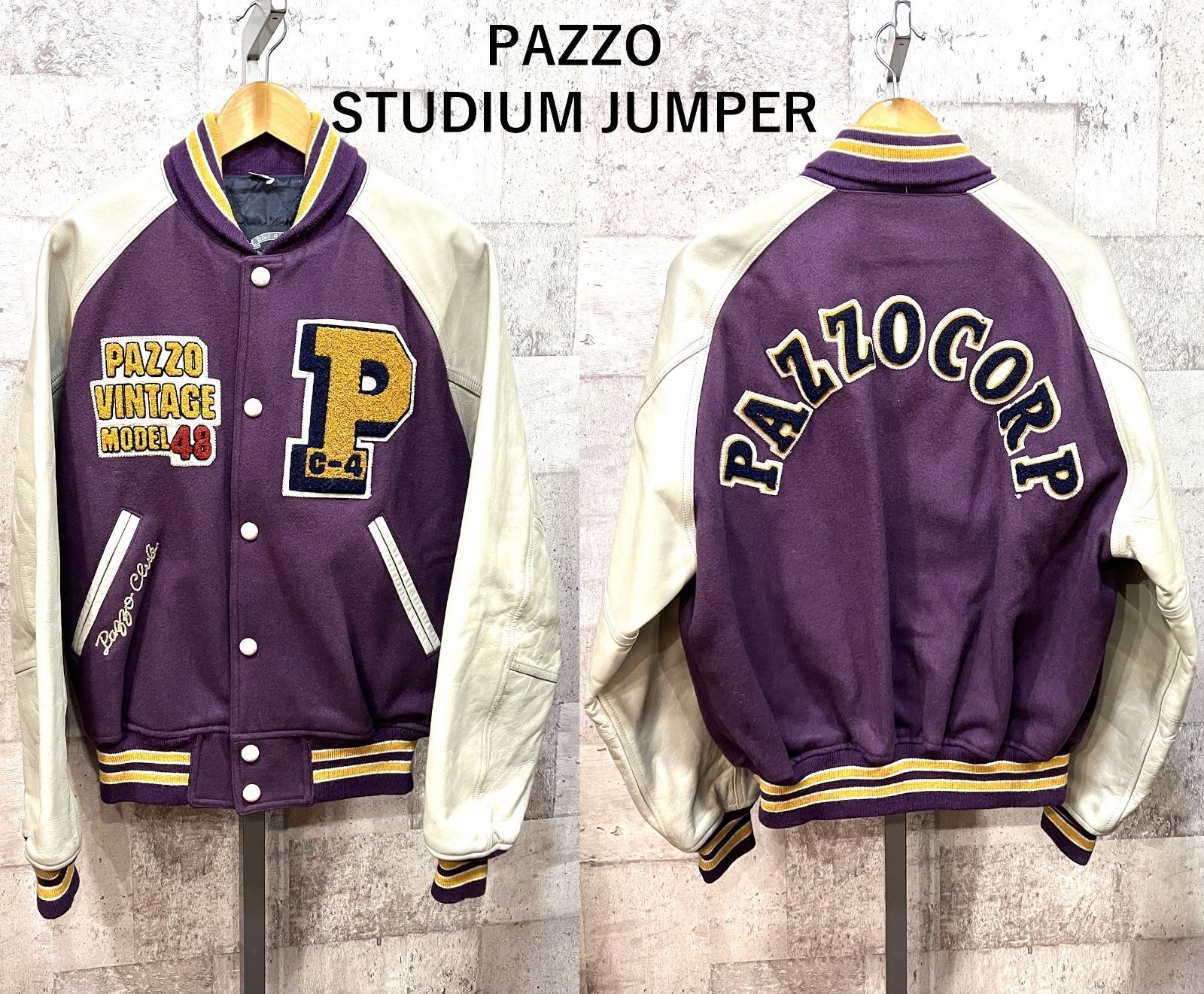 美品 PAZZO 袖革スタジアムジャンパー パッゾ スタジャン アワードジャケット DCブランド 美品 PAZZO 袖革スタジアムジャンパー パッゾ スタジャン アワード