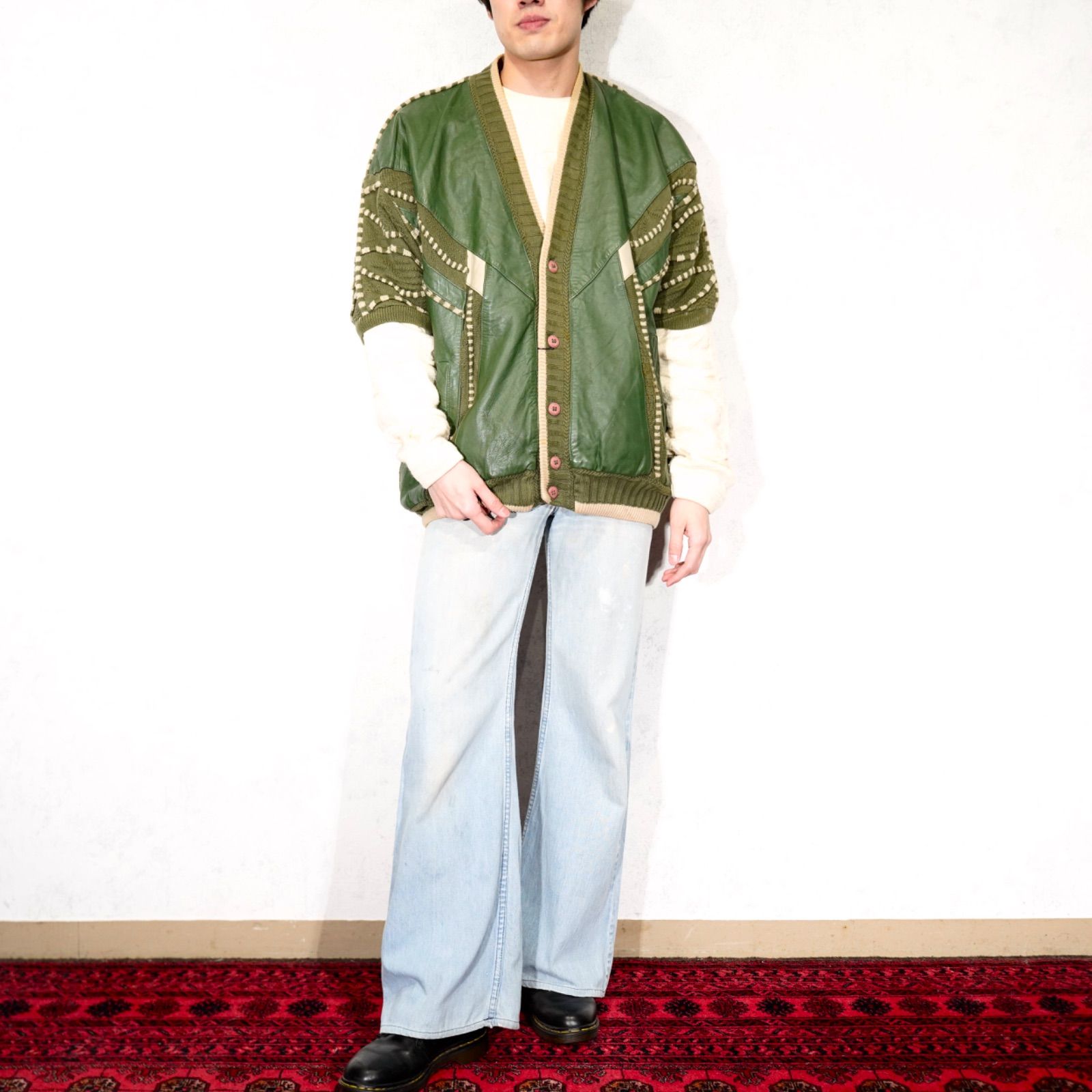 USA VINTAGE SAXONY 3D KNIT DESIGN LEATHER CARDIGAN/アメリカ古着3D 