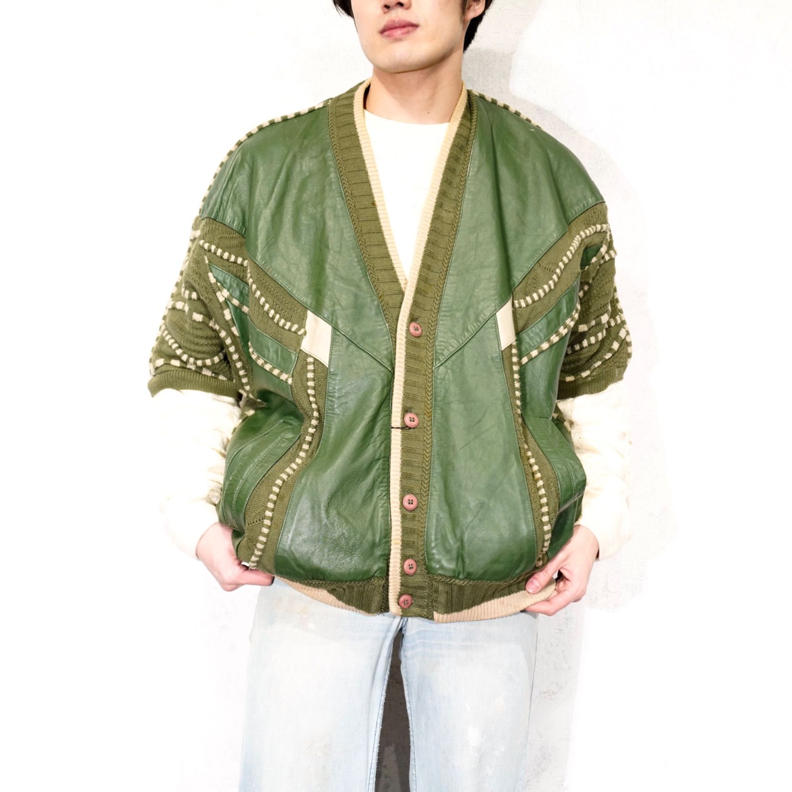 USA VINTAGE SAXONY 3D KNIT DESIGN LEATHER CARDIGAN/アメリカ古着3D 