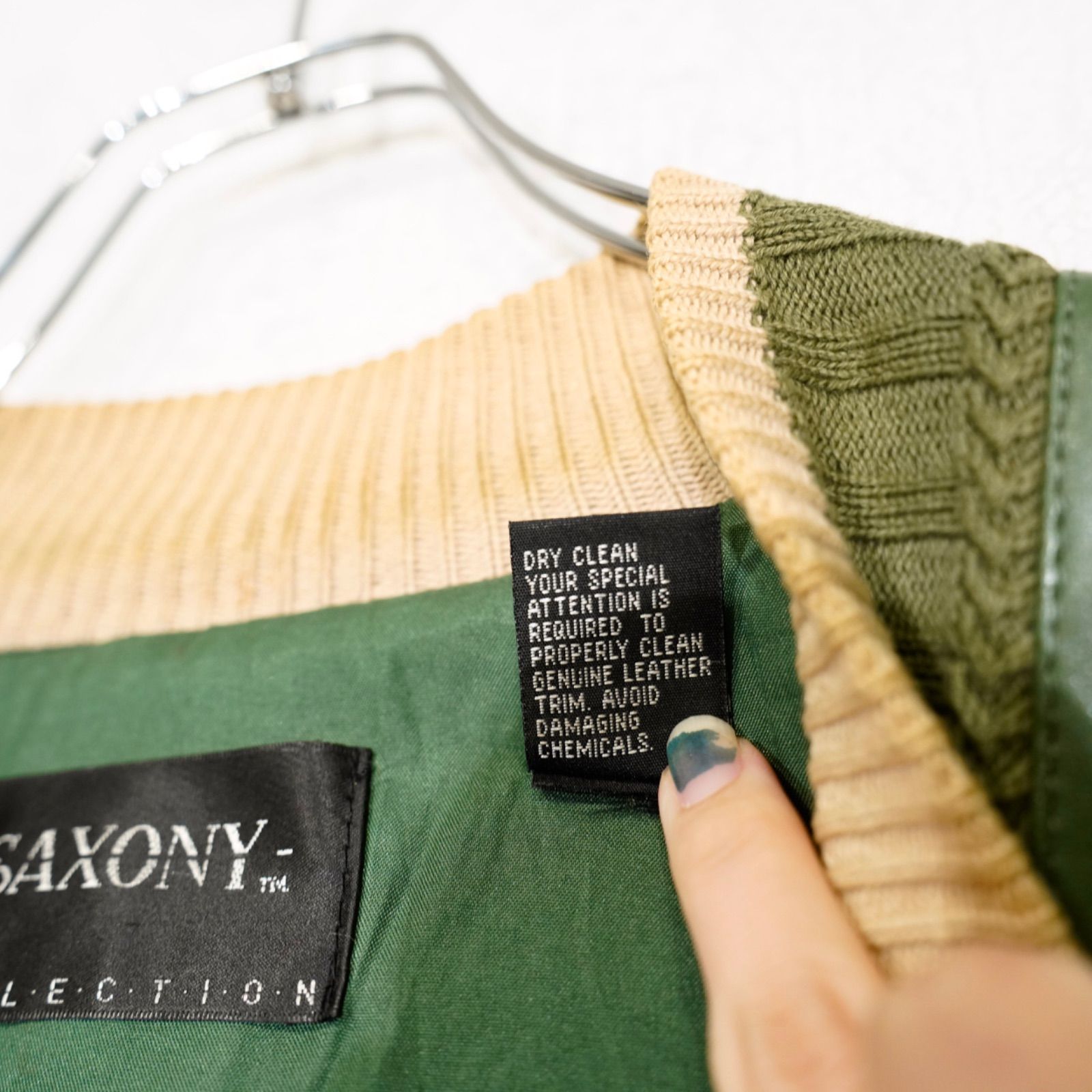 USA VINTAGE SAXONY 3D KNIT DESIGN LEATHER CARDIGAN/アメリカ古着3D 
