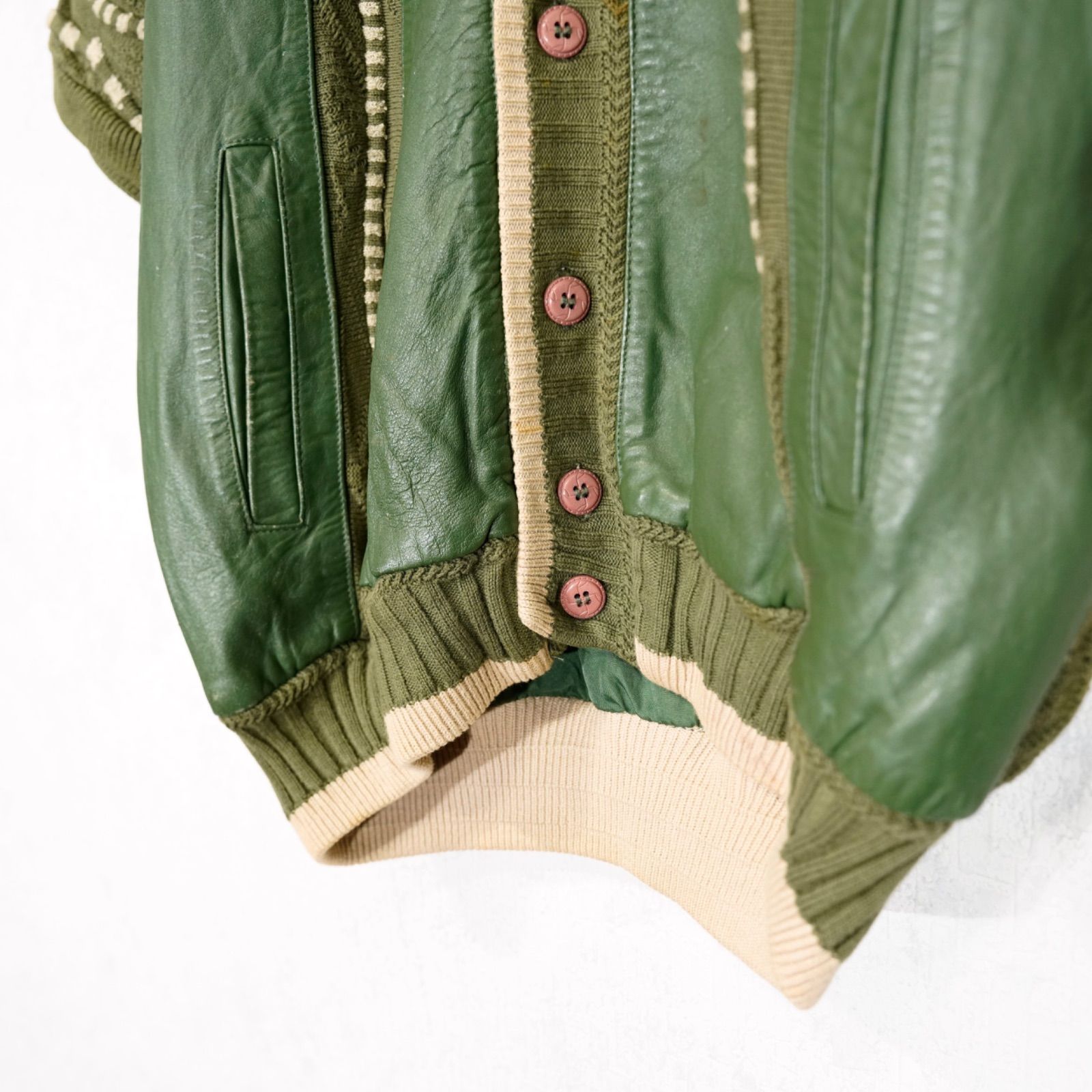 USA VINTAGE SAXONY 3D KNIT DESIGN LEATHER CARDIGAN/アメリカ古着3D 