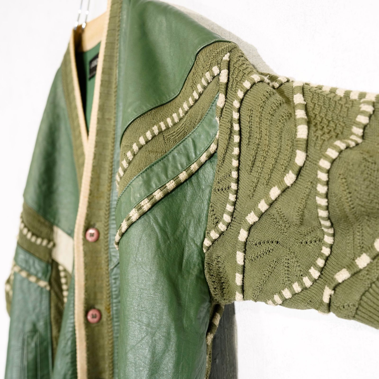 USA VINTAGE SAXONY 3D KNIT DESIGN LEATHER CARDIGAN/アメリカ古着3D 