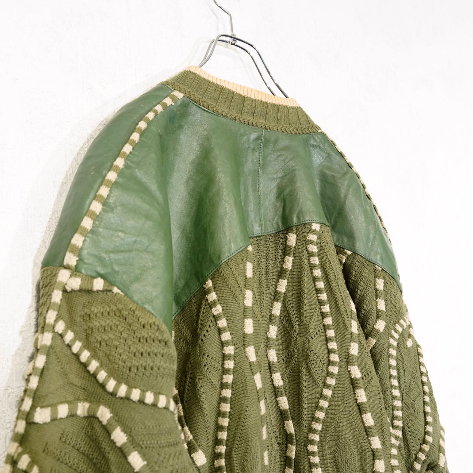 USA VINTAGE SAXONY 3D KNIT DESIGN LEATHER CARDIGAN/アメリカ古着3D 