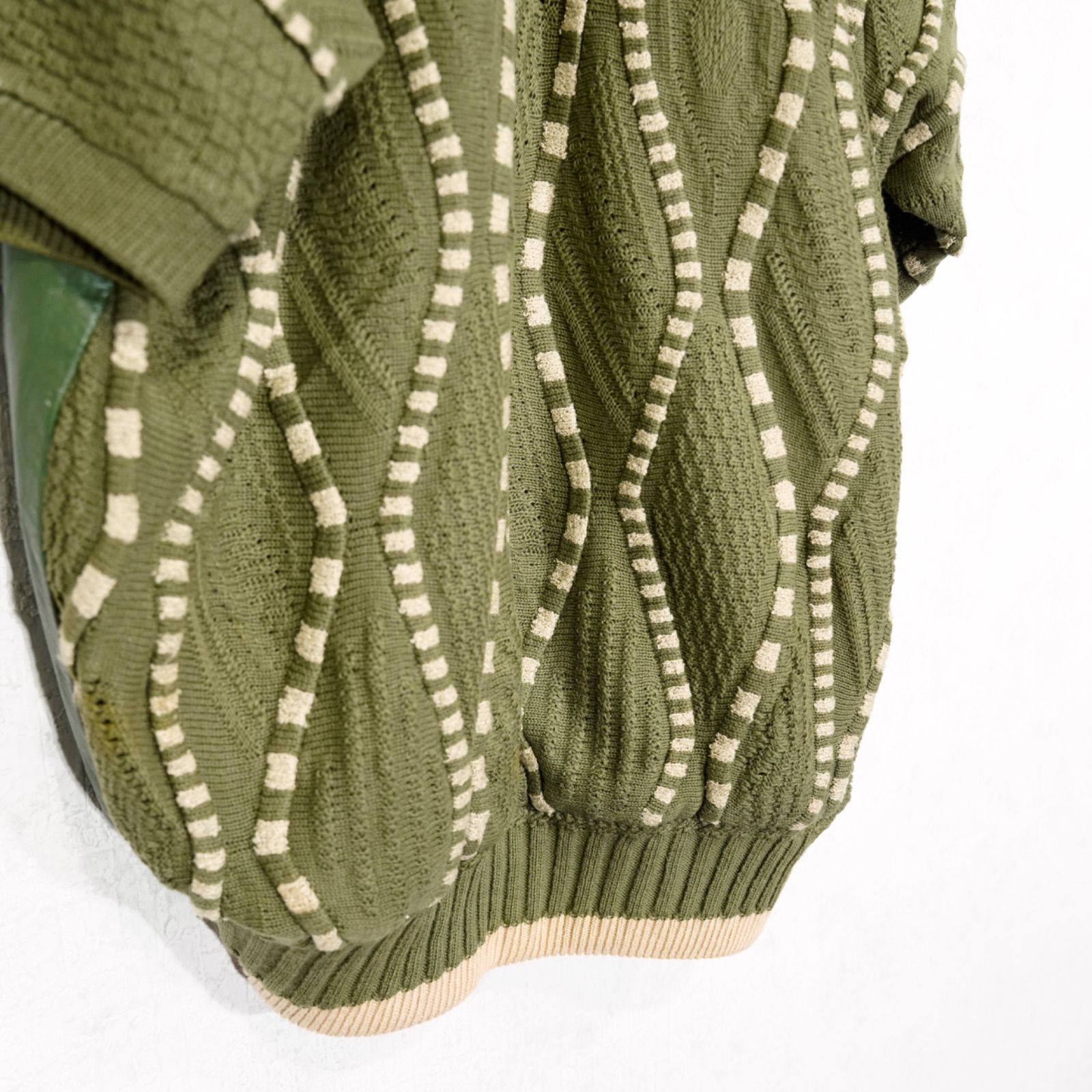 USA VINTAGE SAXONY 3D KNIT DESIGN LEATHER CARDIGAN/アメリカ古着3D 
