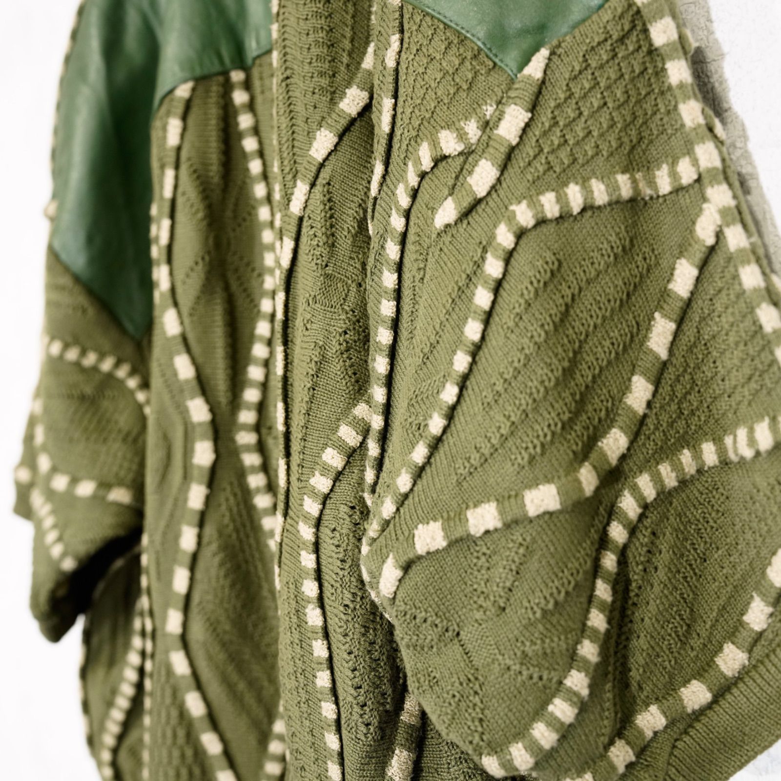 USA VINTAGE SAXONY 3D KNIT DESIGN LEATHER CARDIGAN/アメリカ古着3D 
