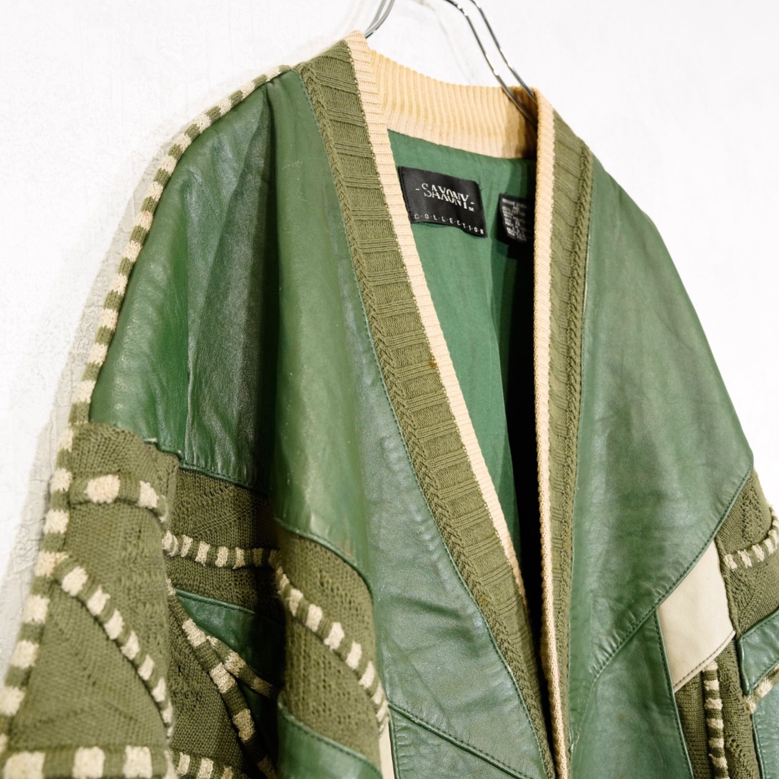 USA VINTAGE SAXONY 3D KNIT DESIGN LEATHER CARDIGAN/アメリカ古着3D 
