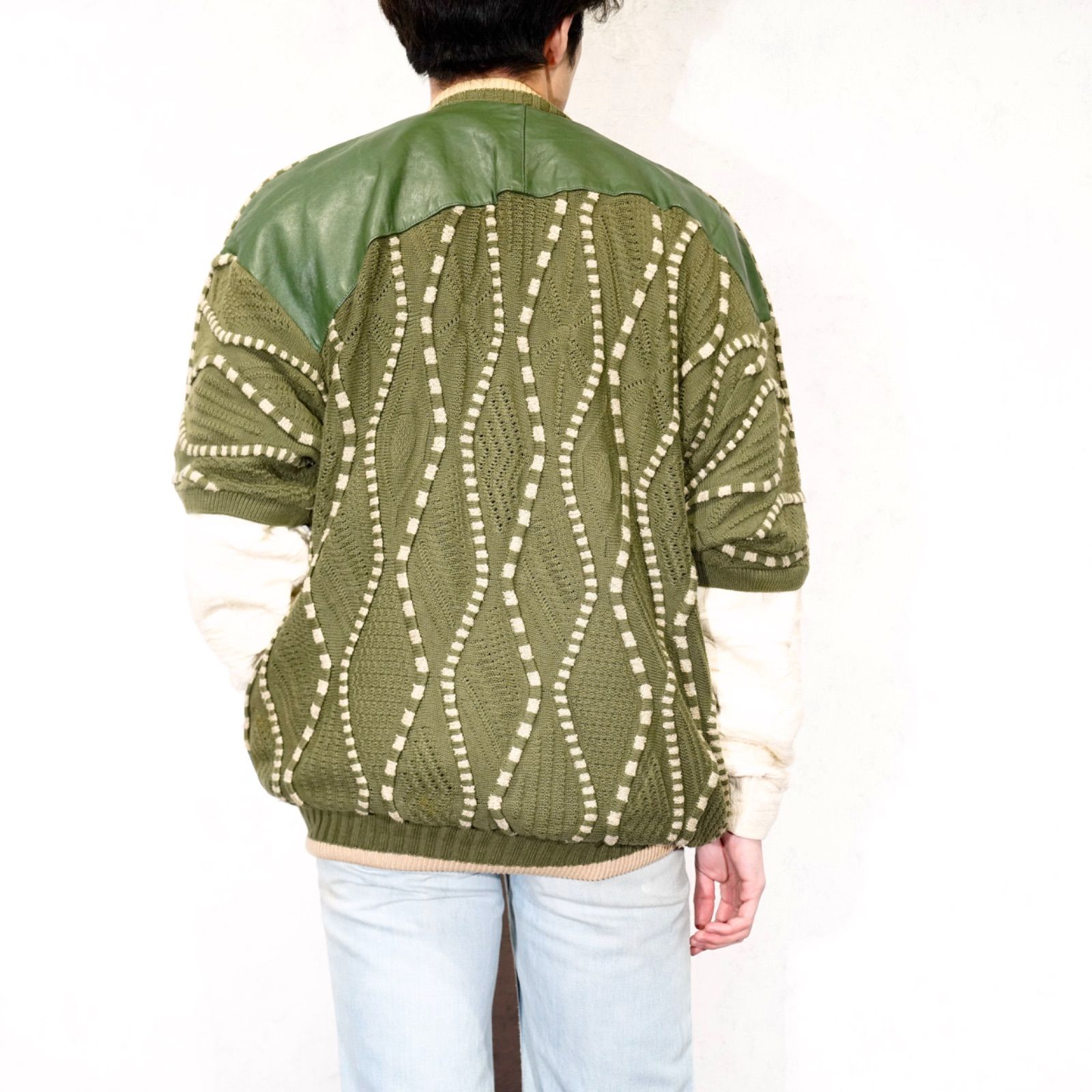 USA VINTAGE SAXONY 3D KNIT DESIGN LEATHER CARDIGAN/アメリカ古着3D 