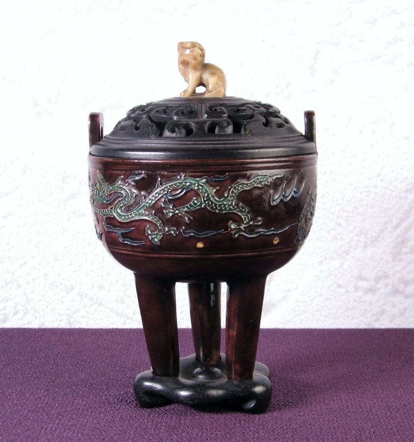 茶道具 交趾焼 獅子文 蓋裏仏像刻 懐中仏 香合 蓋物 C R9390