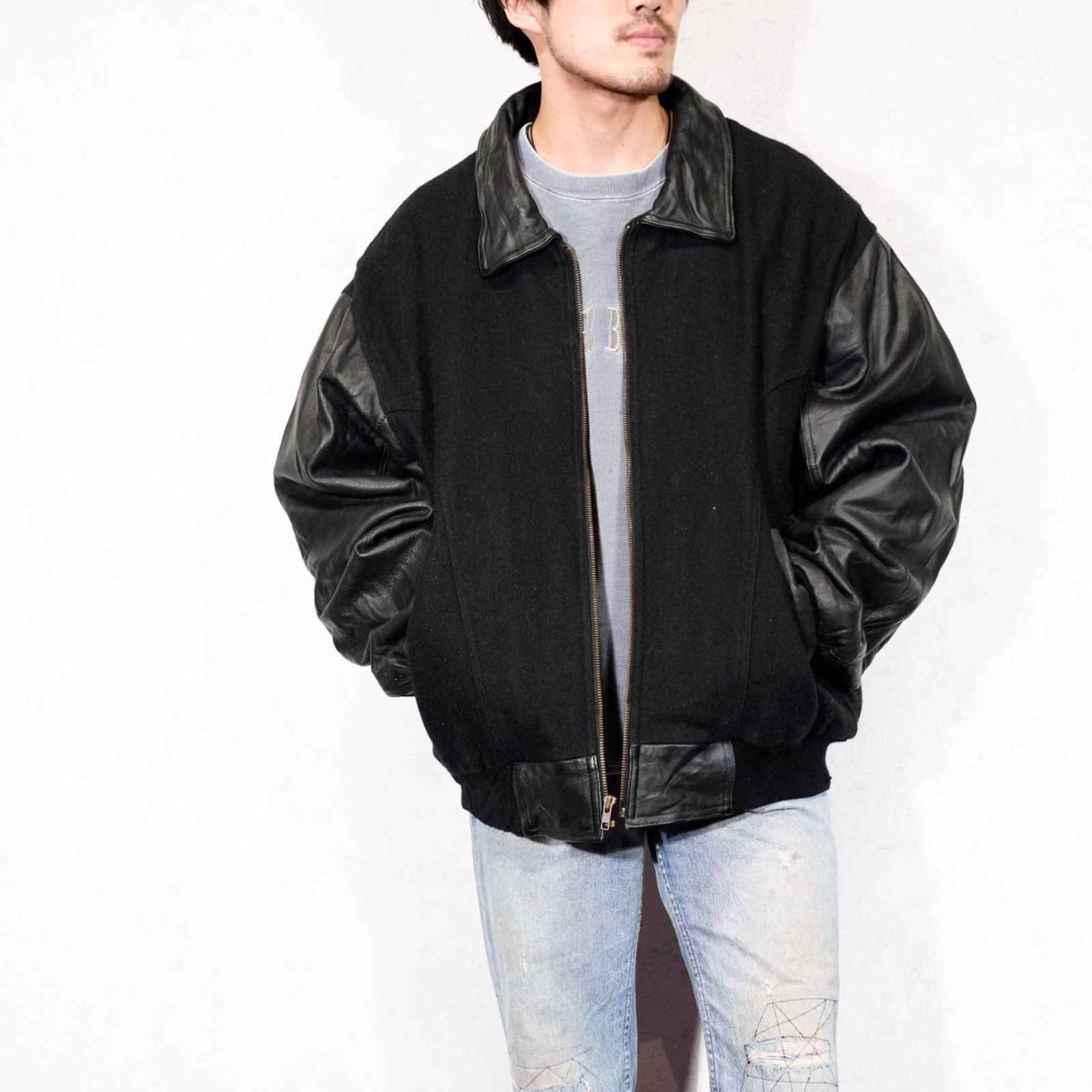 USA VINTAGE BLACK COLOR LEATHER MELTON ZIP UP BLOUSON/アメリカ古着 