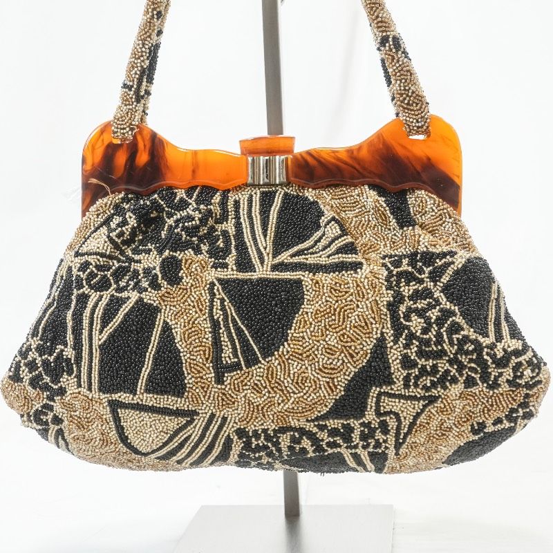 総ビーズバッグ 昭和レトロ がま口 ハンドバッグ 総柄 ブラック