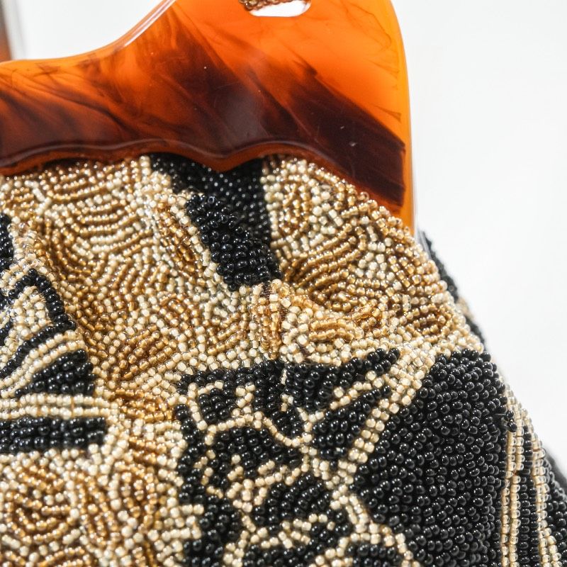 アンティーク　総ビーズバッグ　がま口　レトロ　ブラックxマルチカラー 総ビーズバッグ 昭和レトロ がま口 ハンドバッグ 総柄 ブラック