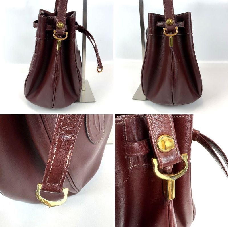 【美品】カルティエ　巾着　ショルダーバッグ　レザー　ボルドー　ゴールド金具 良品 Cartier カルティエ 巾着 ショルダーバッグ マストライン レザー
