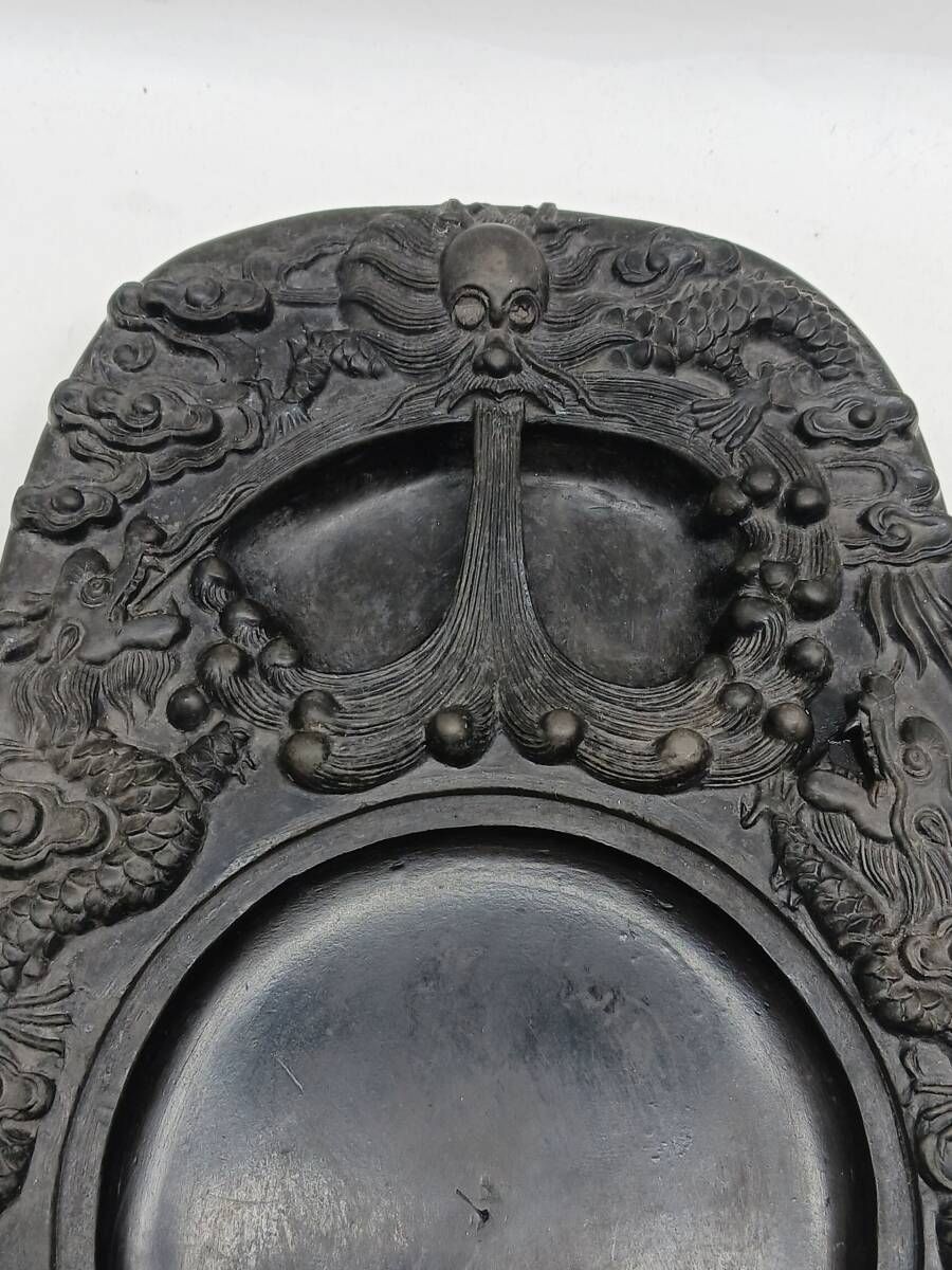 中古品】中国 澄泥硯 龍宝瀧登 高級硯 文房四宝 龍彫刻 美術品 骨董