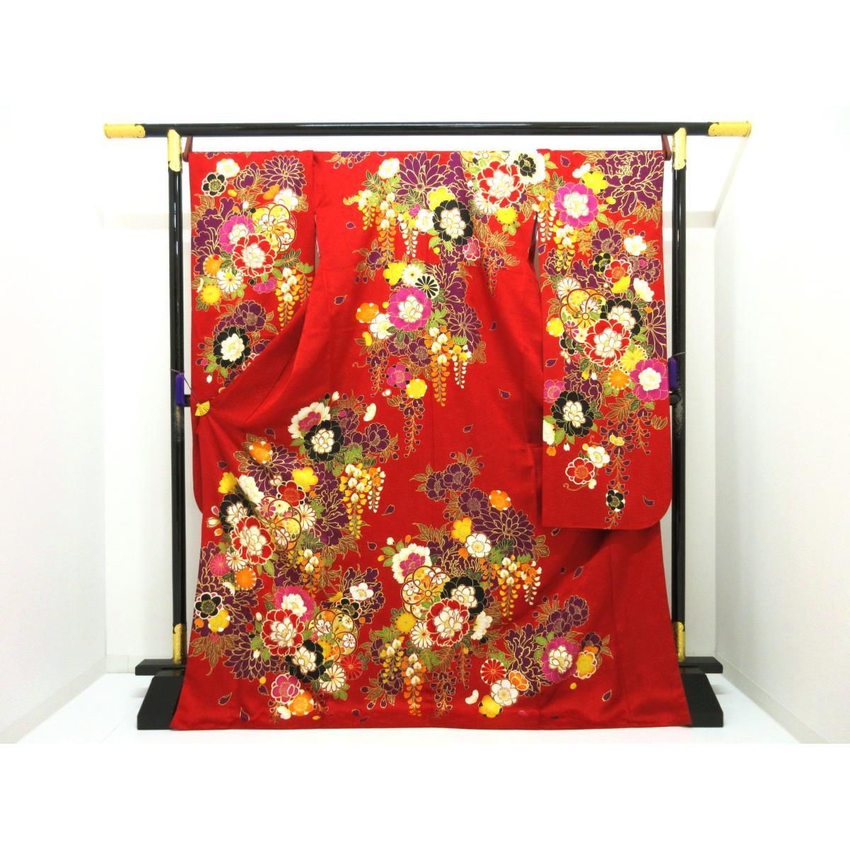 振り袖　フルセット　金彩加工　長襦袢付　刺繍入り　金通し　赤　花　664 振り袖 フルセット 長襦袢付 赤 成人式 振袖 金彩加工 セット 刺繍入