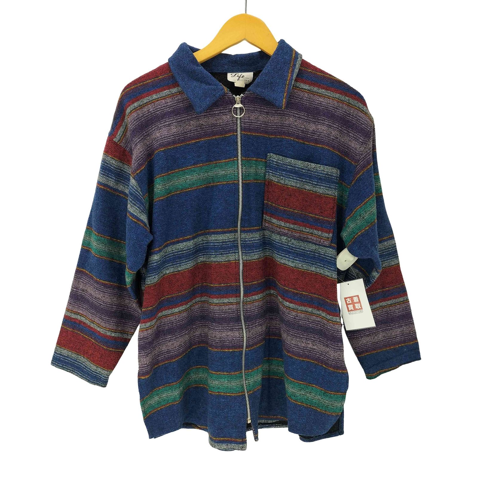 ユーズドフルギ USED古着 Life USA製 マルチカラー ボーダー 丸カン ジップアップ レーヨン ニット シャツ メンズ import：S 