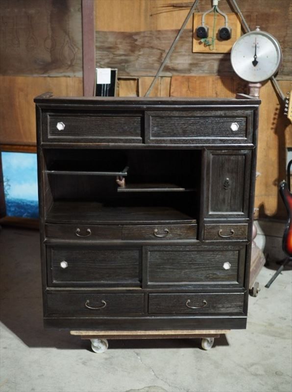 昭和レトロな茶箪笥 飾り棚 昭和前期 古録展 送料無料 中古 品番S10897