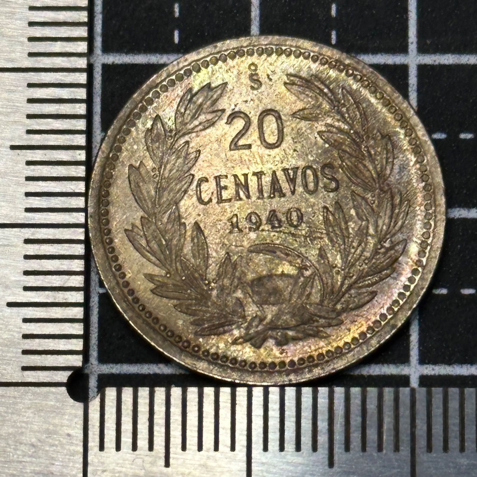 南米アンティーク】1940年 チリ 20センタボス貨／コンドル鷲と月桂冠