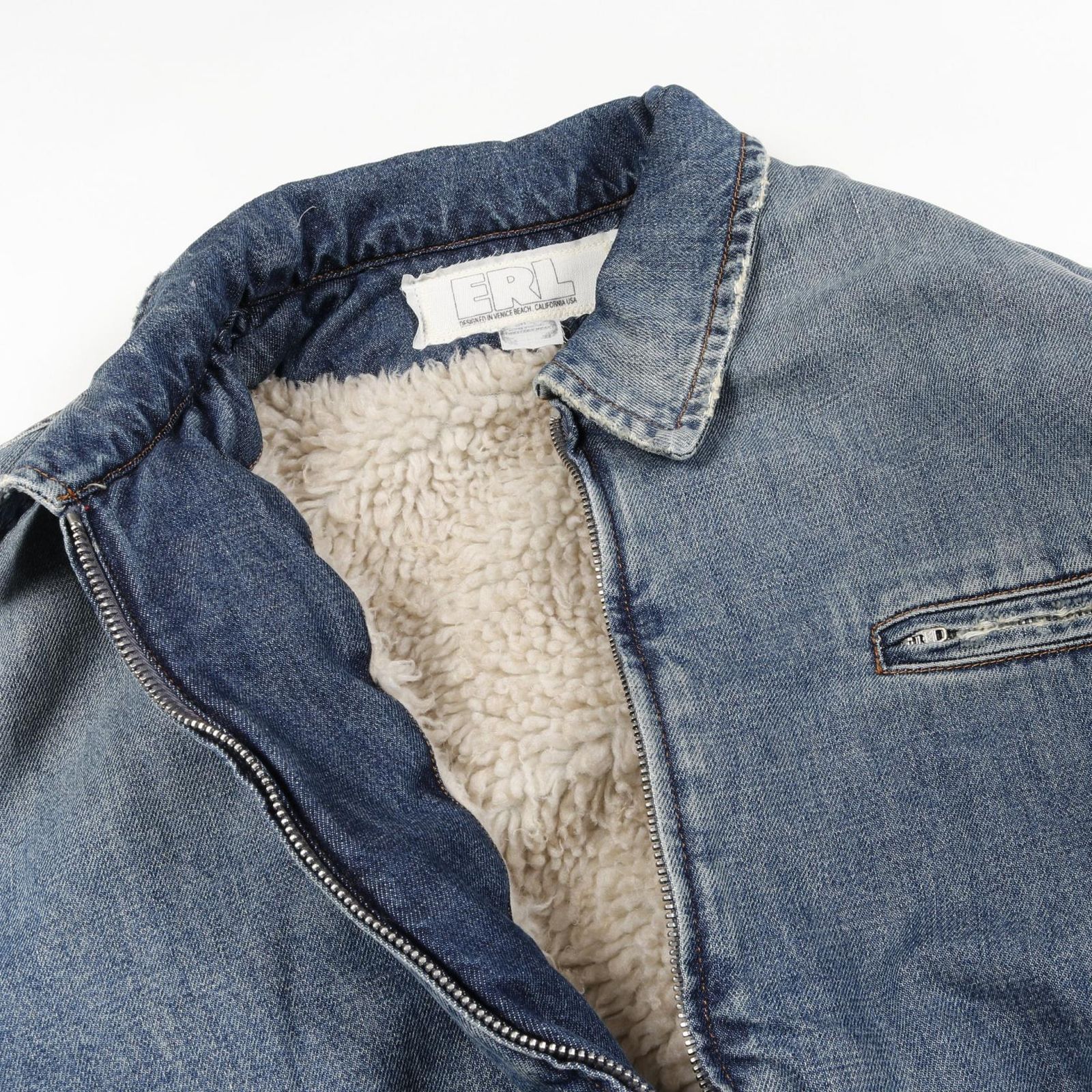 イーアールエル ERL デニムジャケット DISTRESSED DENIM SHERPA COAT 