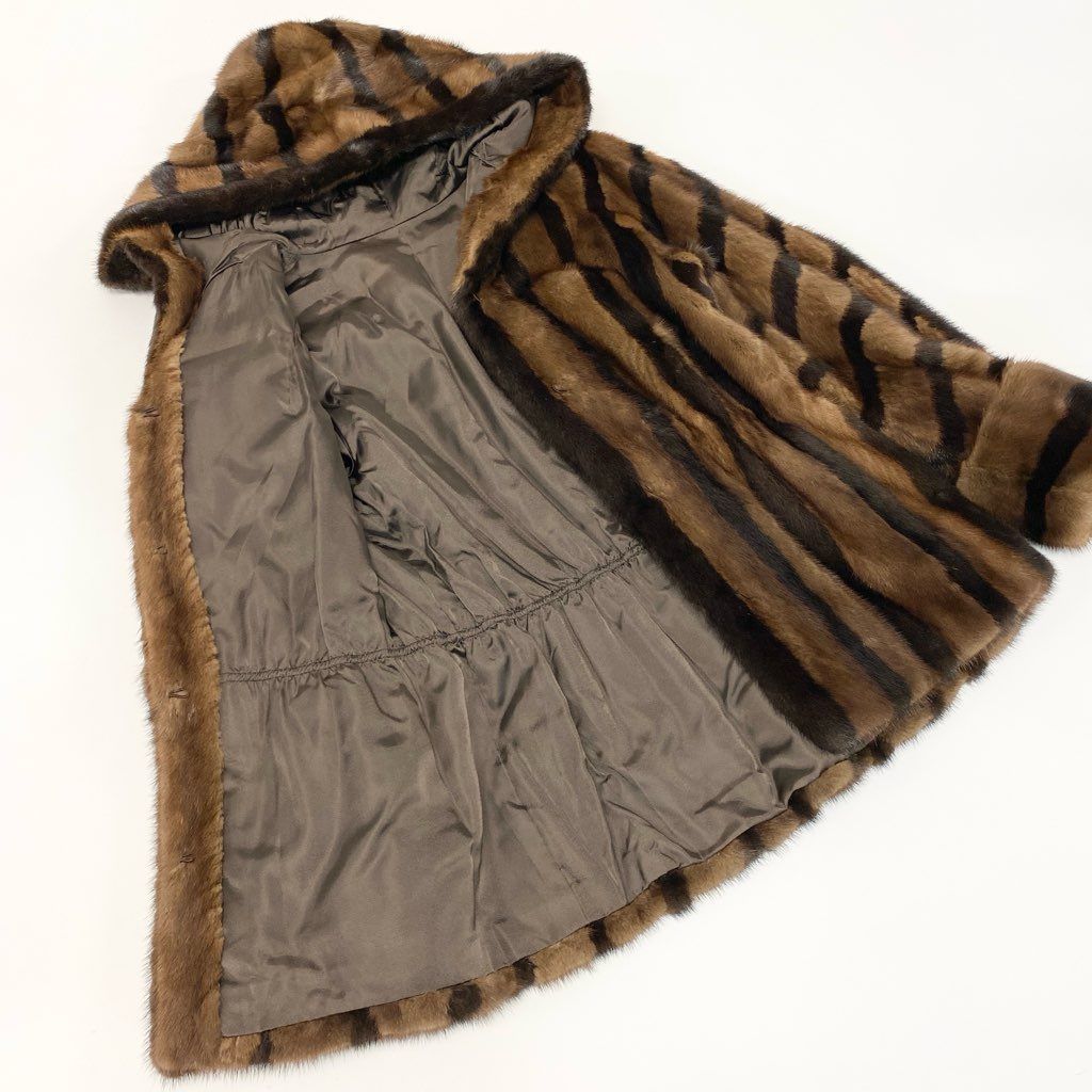 43l25 希少デザイン フード付き ミンクコート サイズF 茶系 ダブル