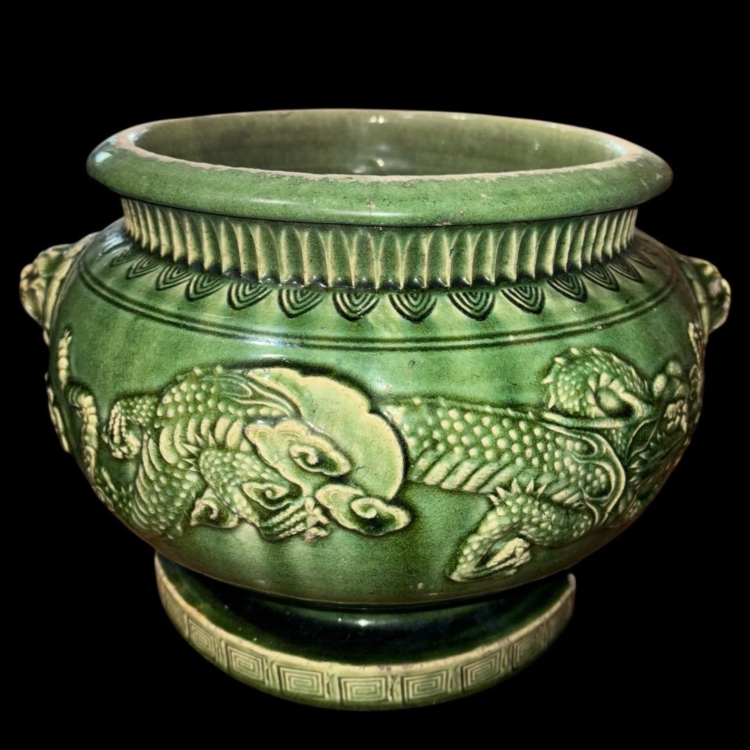 某有名オークション購入 緑釉 龍文図 瓶掛 江戸期 織部 インテリア