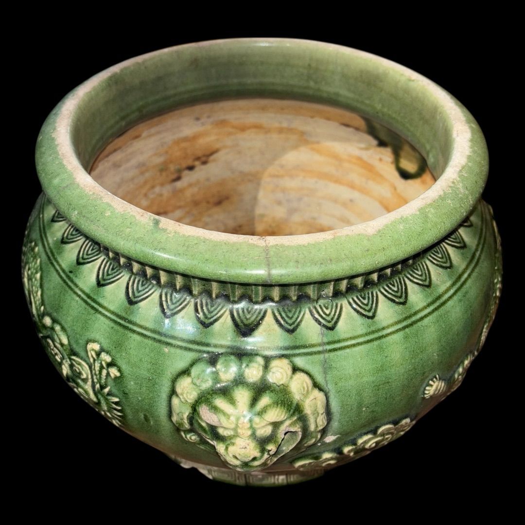 中国美術 唐物 緑釉 獅子耳 龍文 瓶掛 火鉢 陶器 茶道具 古美術