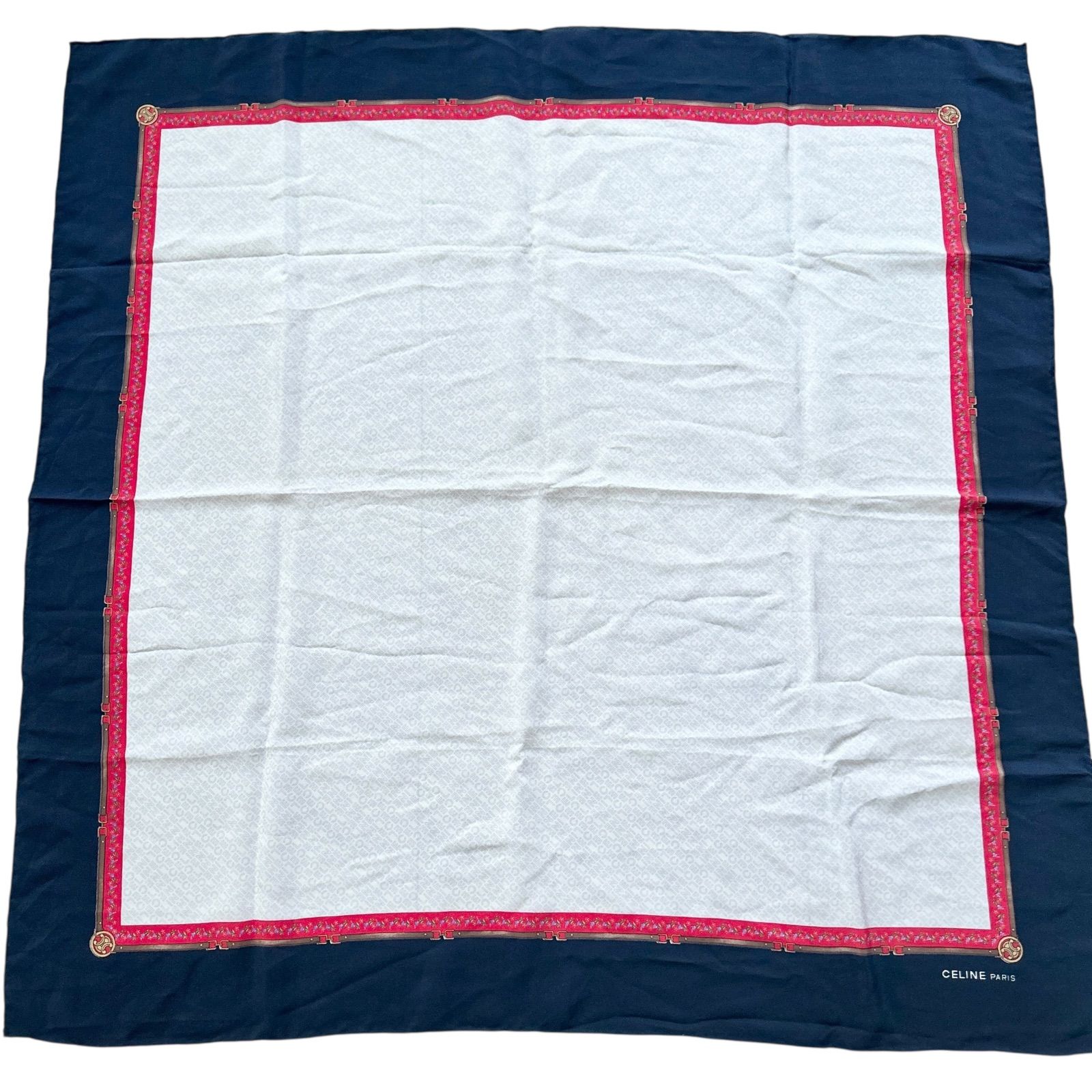 CELINE セリーヌ 大判 スカーフ シルク 総ロゴ ホワイト×ネイビー