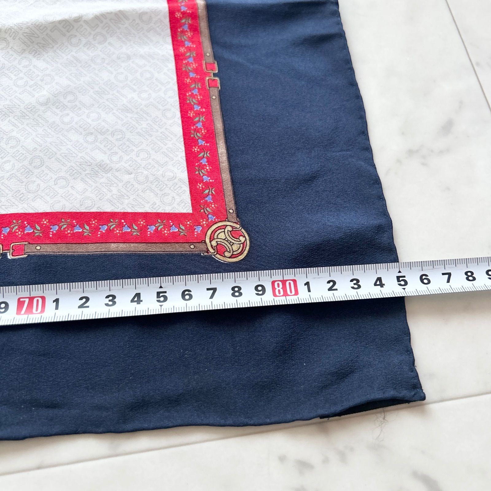 CELINE セリーヌ 大判 スカーフ シルク 総ロゴ ホワイト×ネイビー