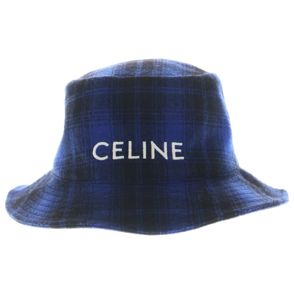 CELINE (セリーヌ) ロゴ刺繍 チェック総柄 バケットハット 帽子 ブルー