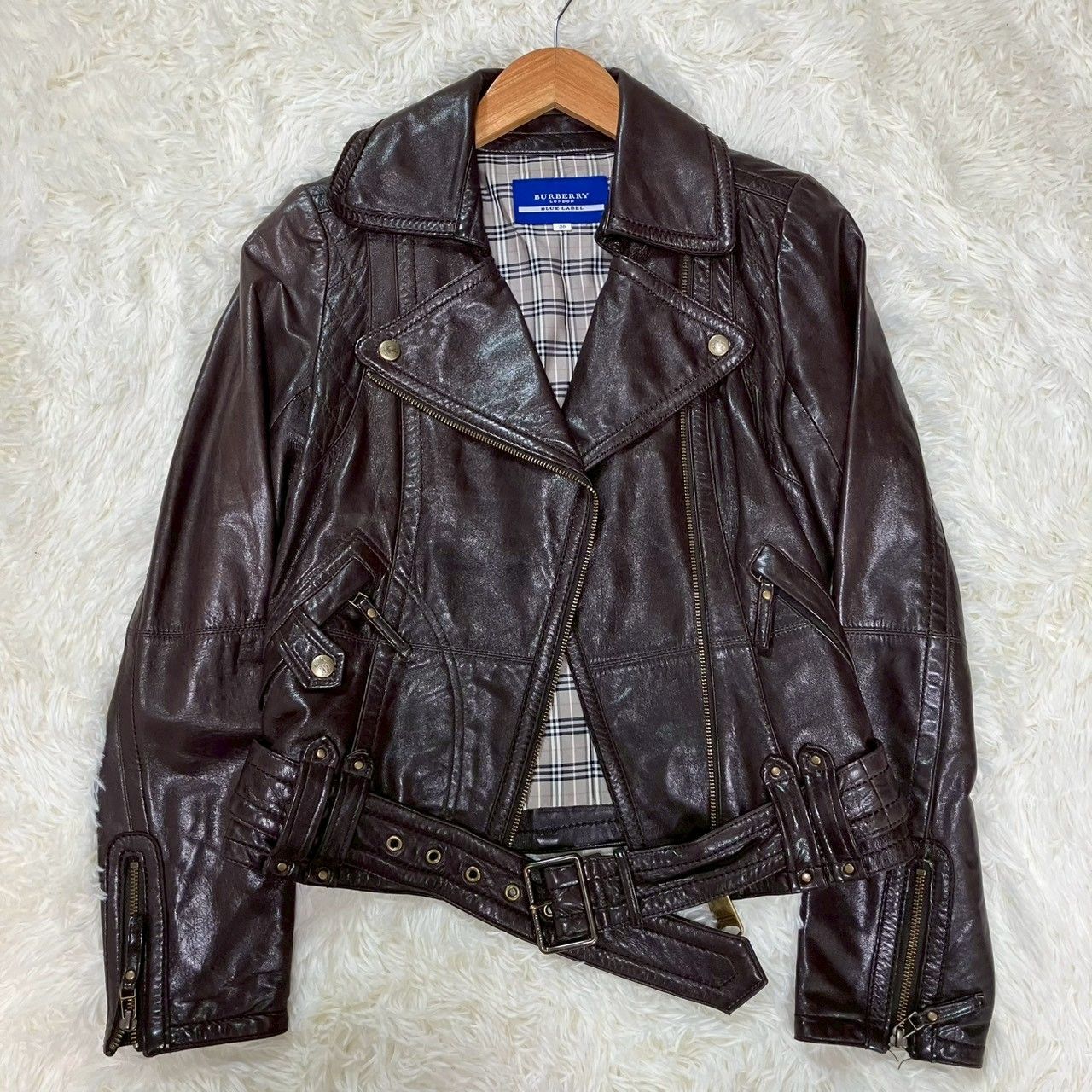 美品✨️バーバリーブルーレーベル ダブルライダースジャケット 38 M チェック バーバリーブルーレーベル ダブルライダース ラムレザー ベルト付き