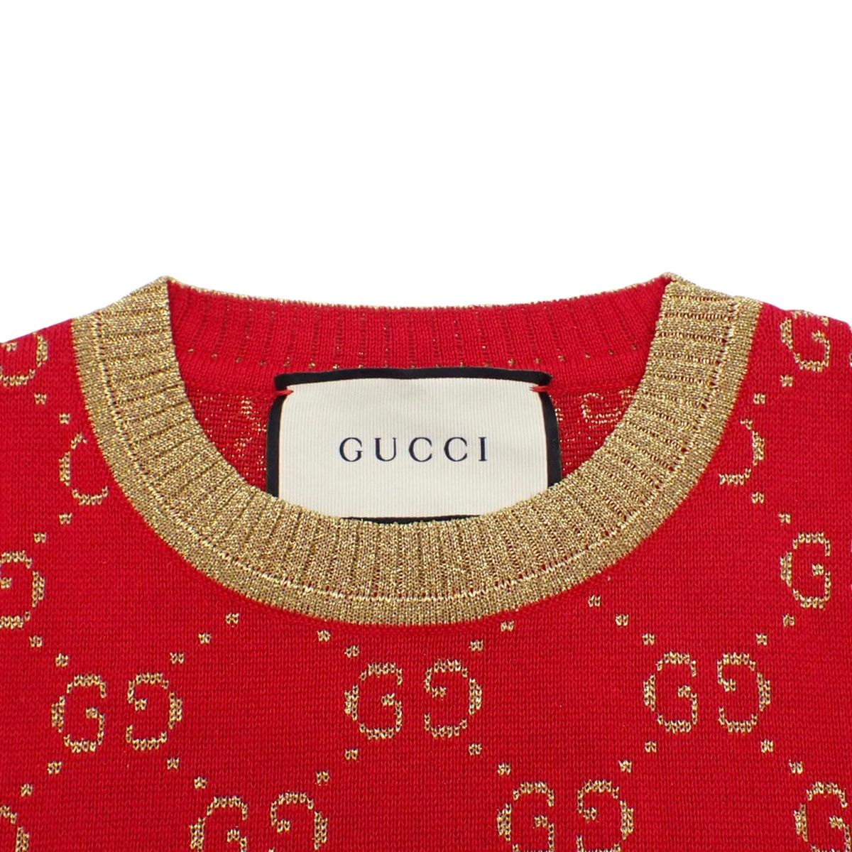 GUCCI 半袖ニット生地トップス グッチ GUCCI ニット セーター GG柄 ネイビー ゴールド M トップス