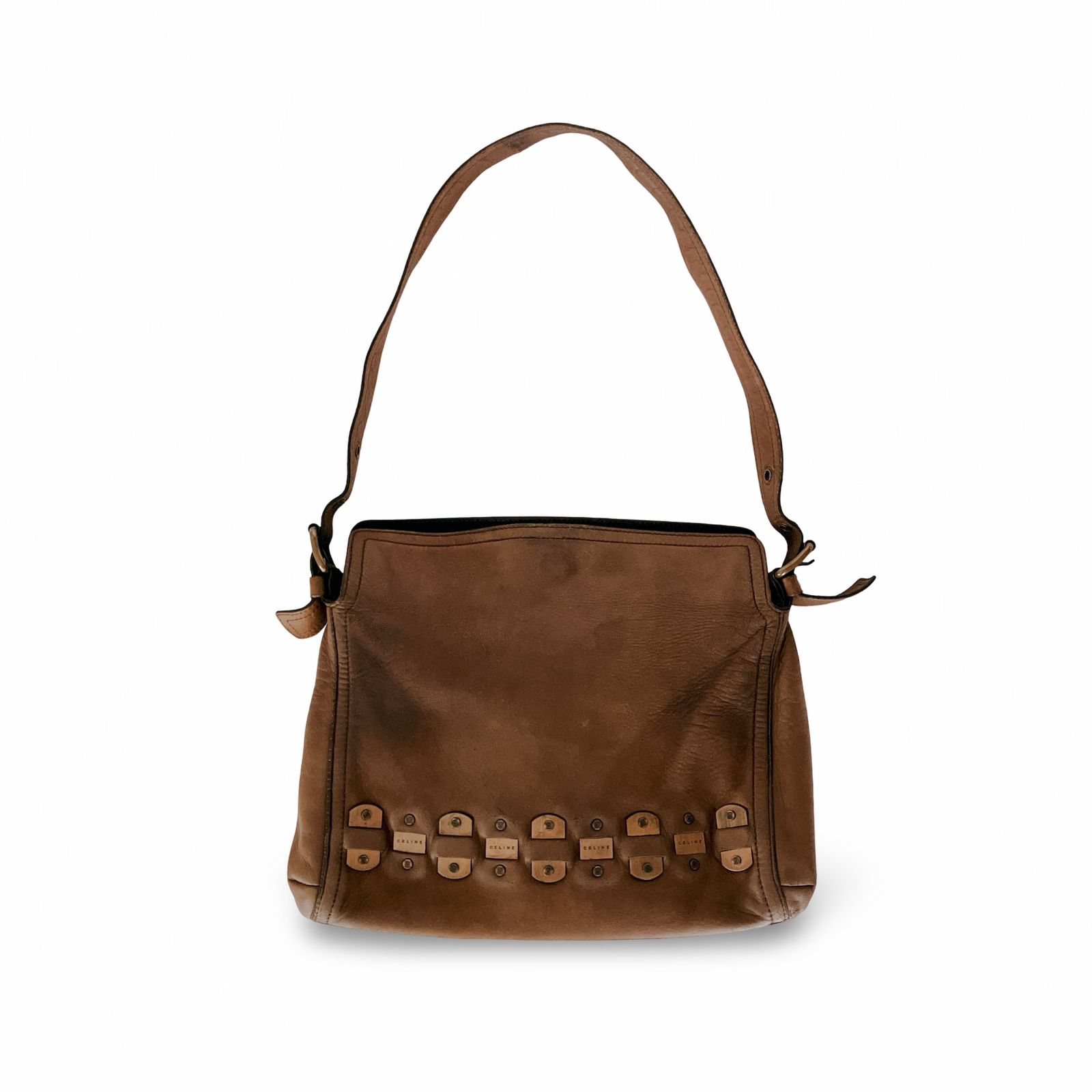 CELINE セリーヌ ロゴプレート レザー ショルダーバッグ ブラウン