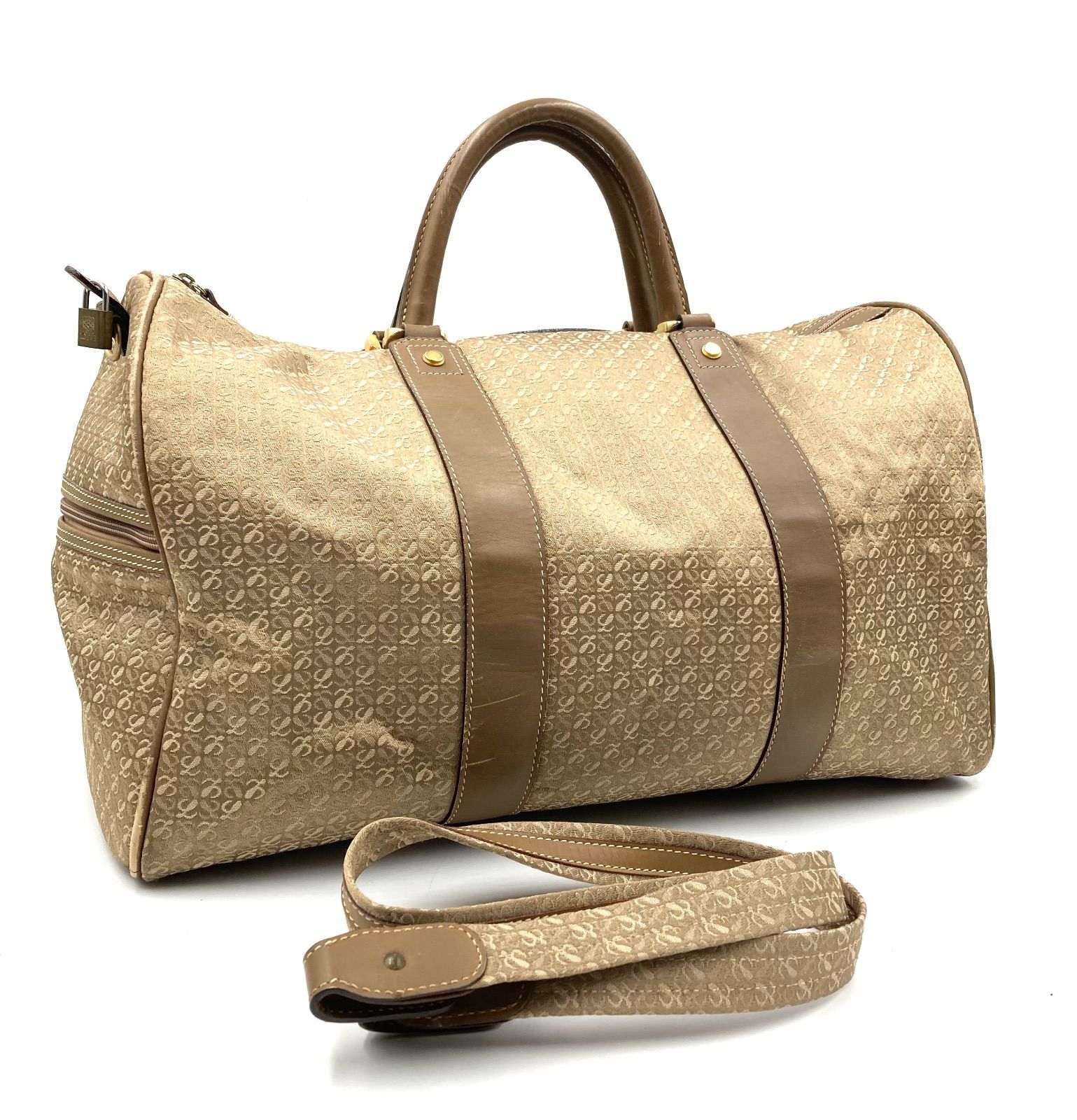 LOEWE ロエベ リピートアナグラム 2 way ボストンバッグ 旅行カバン アナグラムジャガードキャンバス レザー 肩がけ ベージュ ブラウン ゴールド金具 ベラスケス風プル ロゴ南京錠 鍵なし 小旅行 出張 ヴィンテージ
