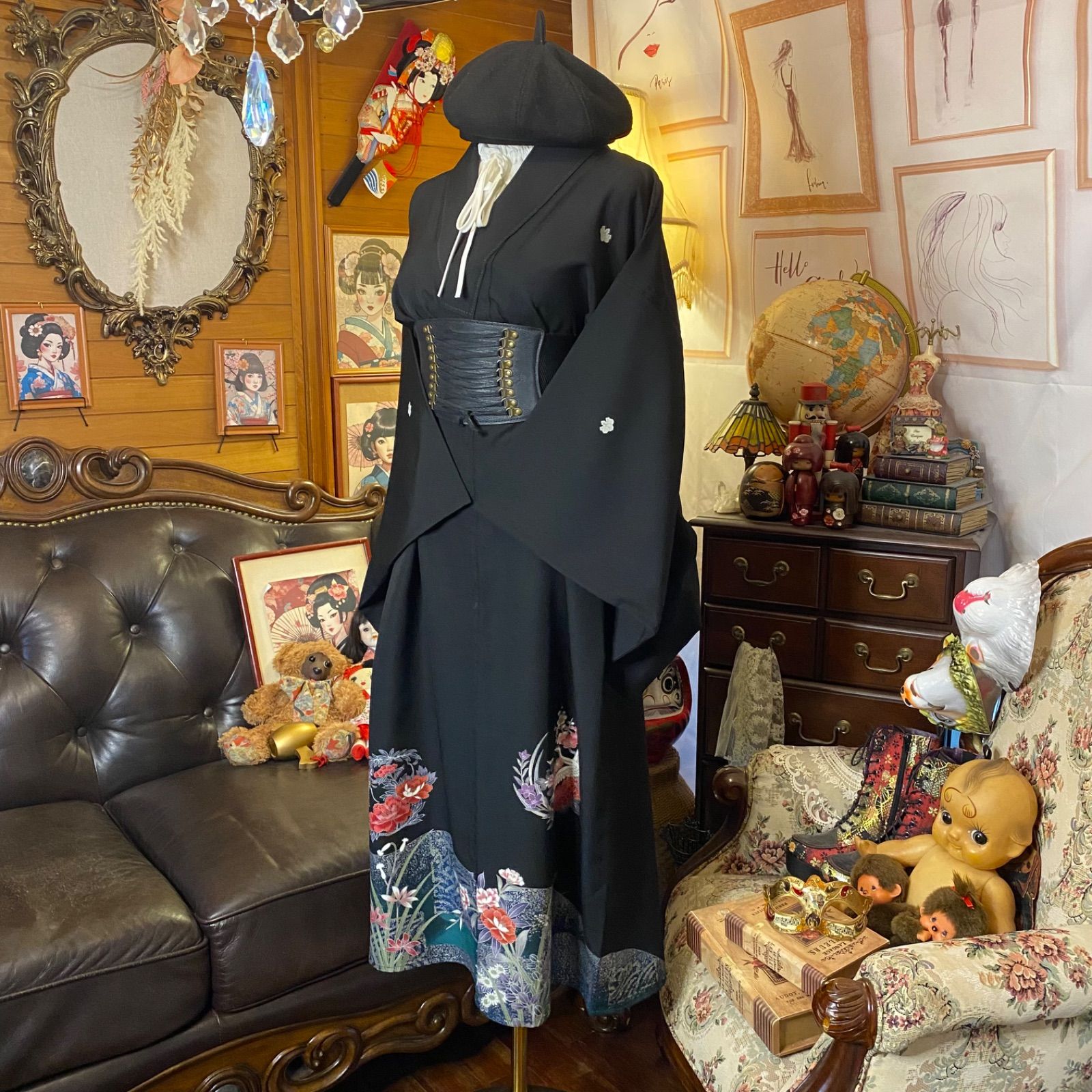 黒留袖 単衣着物 リメイク ワンピース ドレス セミロング 和洋折衷