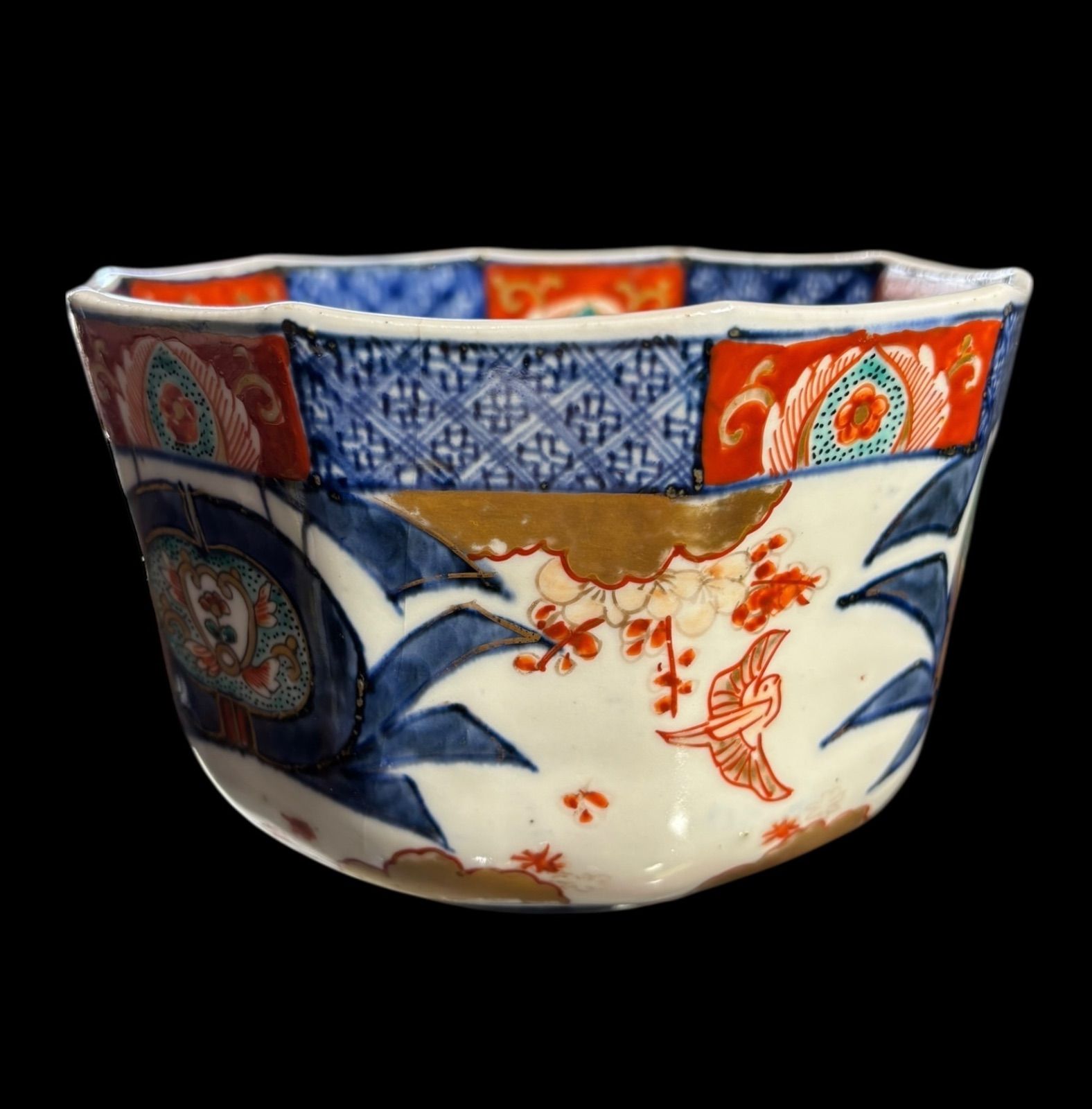 古伊万里 染錦 大鉢 梅鳥草花文図 金彩 色絵 盛り鉢 取り皿 飾り皿 和