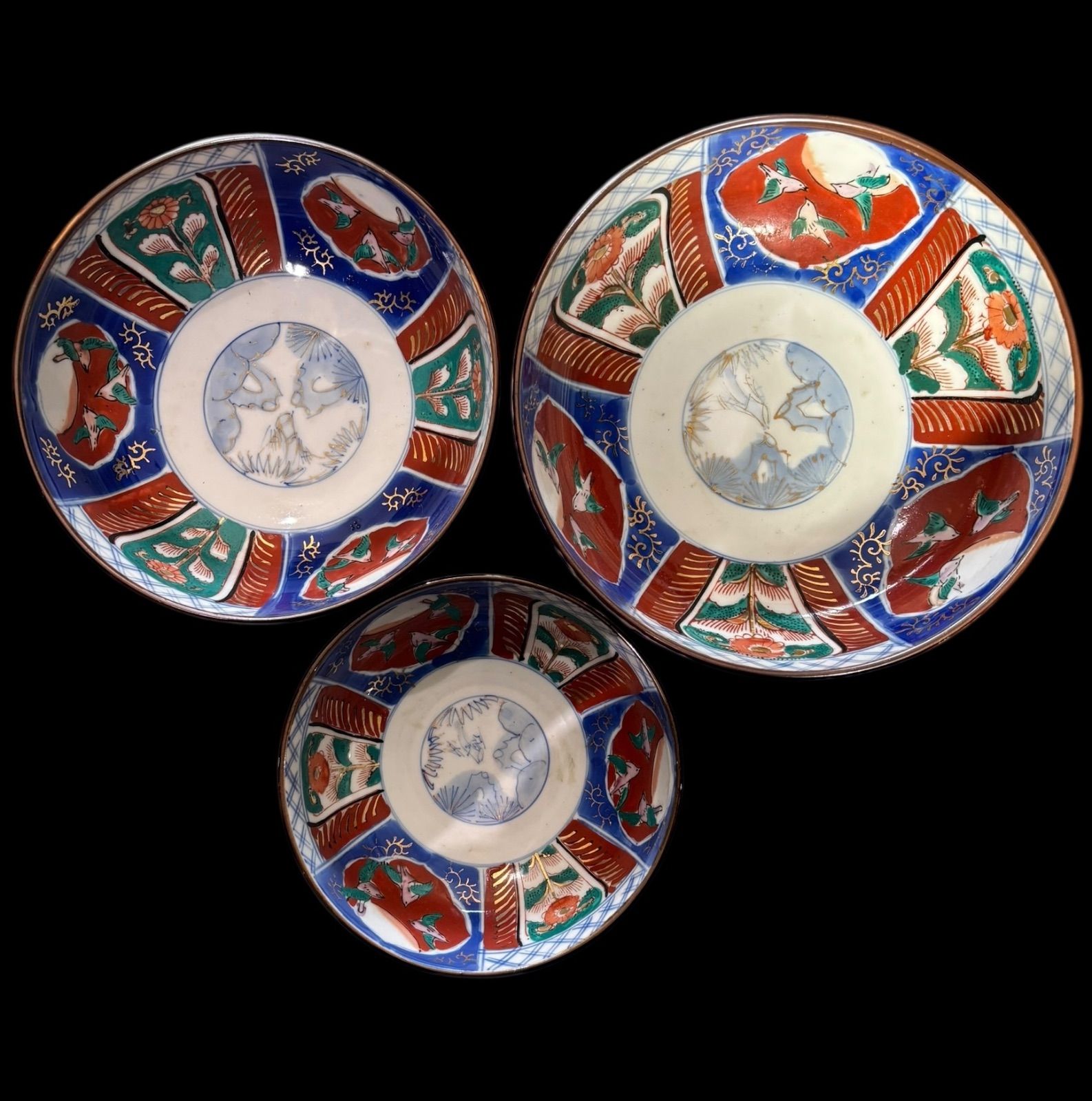 3組鉢 古伊万里 時代物 金彩 色絵 大鉢 鳥草花文図 日本製 鉢 盛り皿