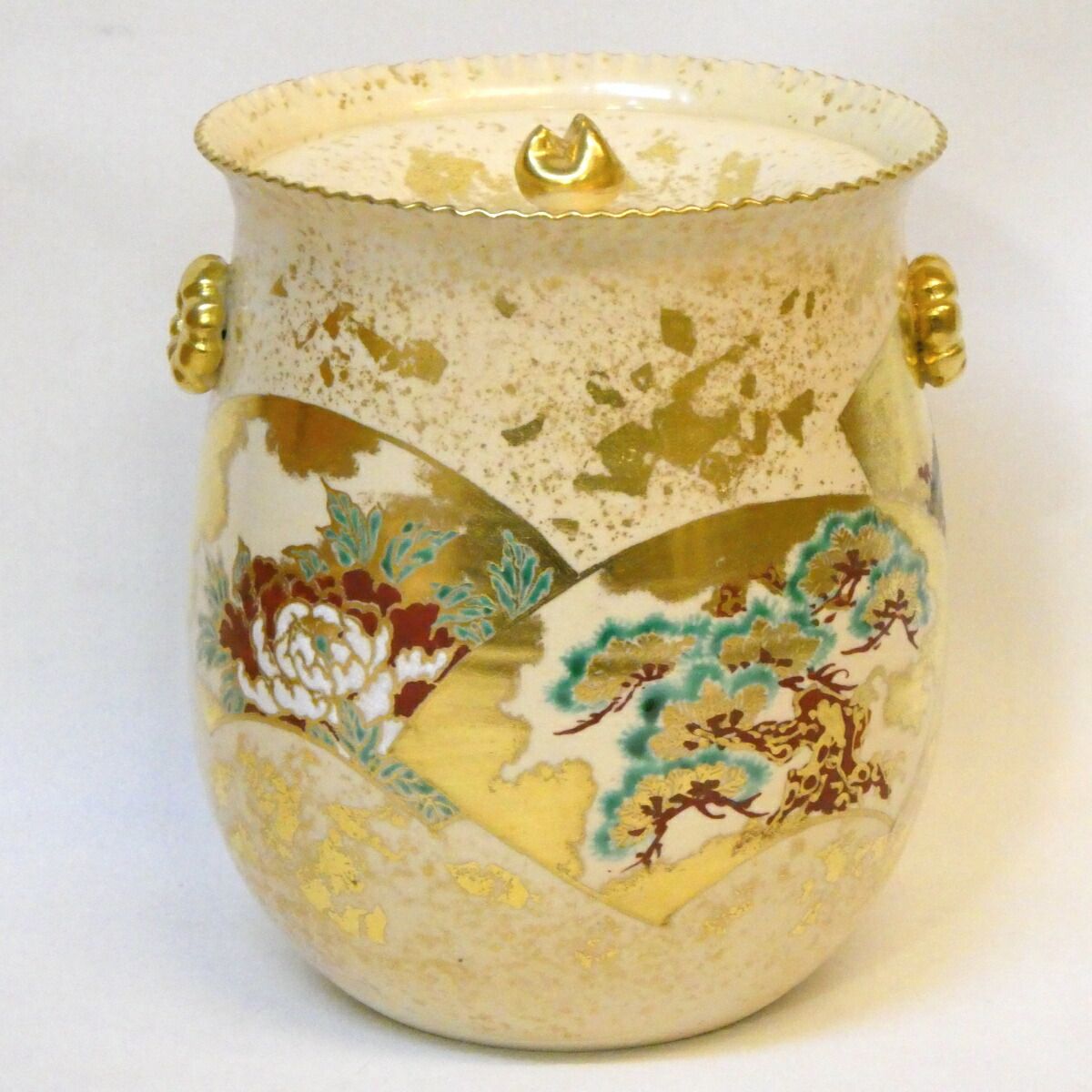 年末特売品】八塔亭二寧 村田陶苑作 砂子地紙絵水指 袋形 金砂子 金彩