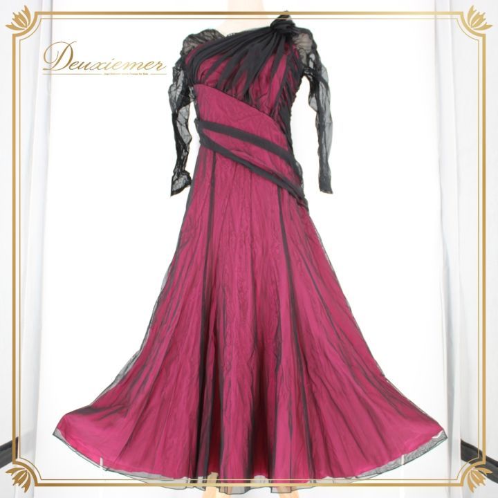 【美品 社交ダンス衣装】ワンピース ドレス ピンク 濃ピンク黒 ブラック レース 社交ダンス 衣装 スタンダード ドレス ワンピース レッスンウェア