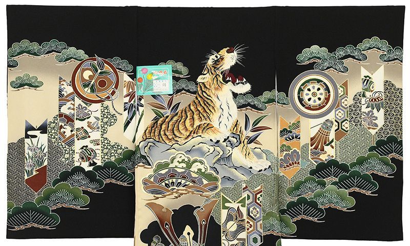記念感謝祭京都友禅、工芸、金彩仕様大王虎文に大将カブト文、古典祝い