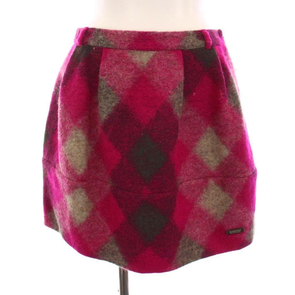 美品 バーバリーブルーレーベル ロゴ刺繍 チェック ウール タック